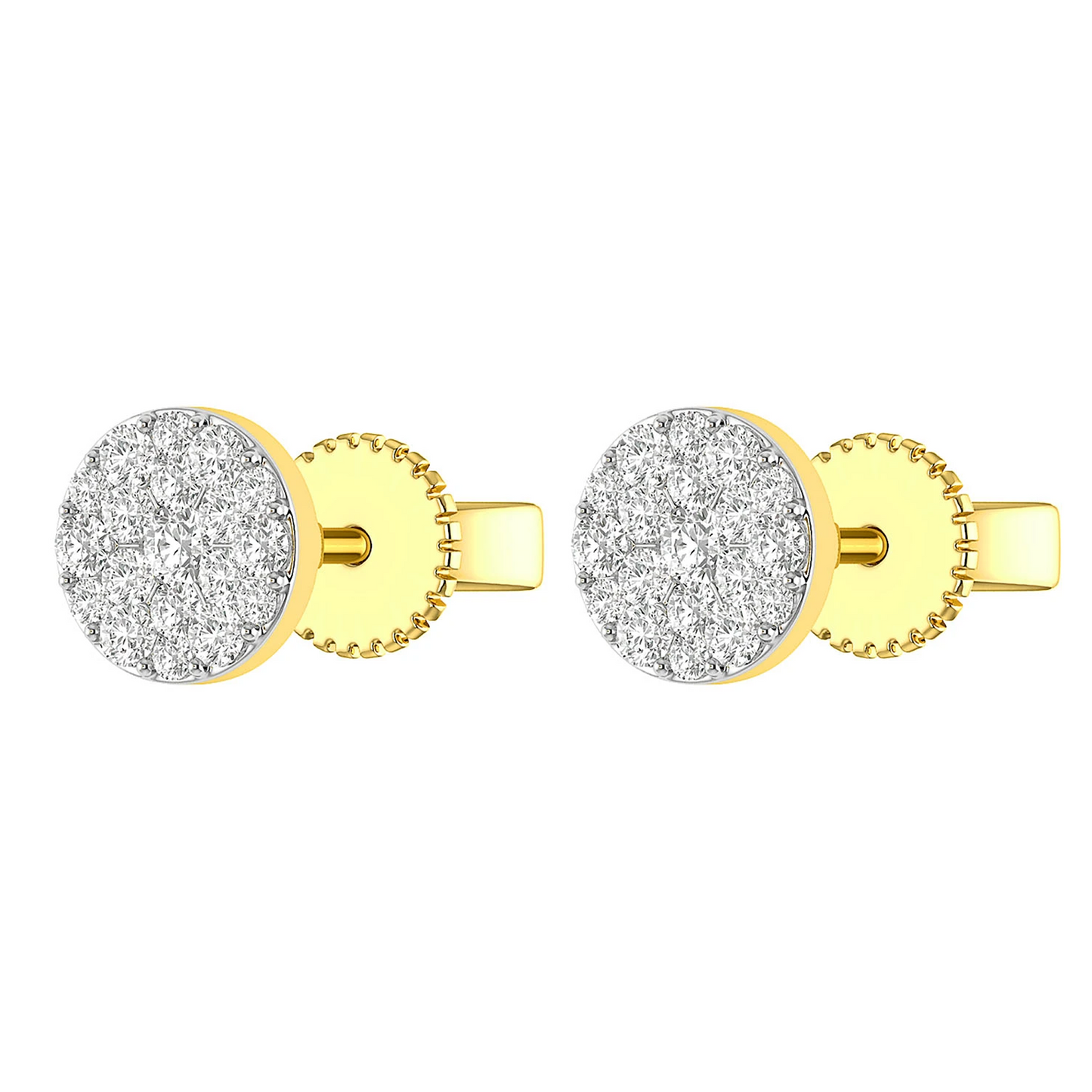 Disc Cluster Diamond Studs in 14K yellow gold, angled view