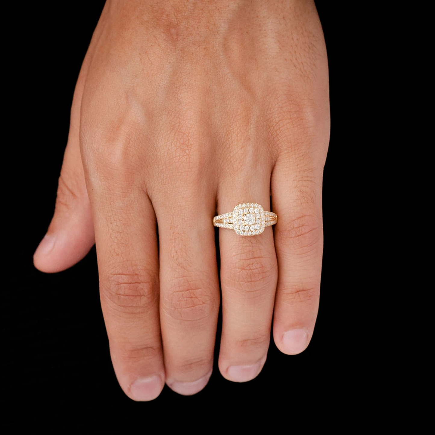 Classic Two Tier Cushion Halo Diamond Ring in 14K yellow gold, worn view