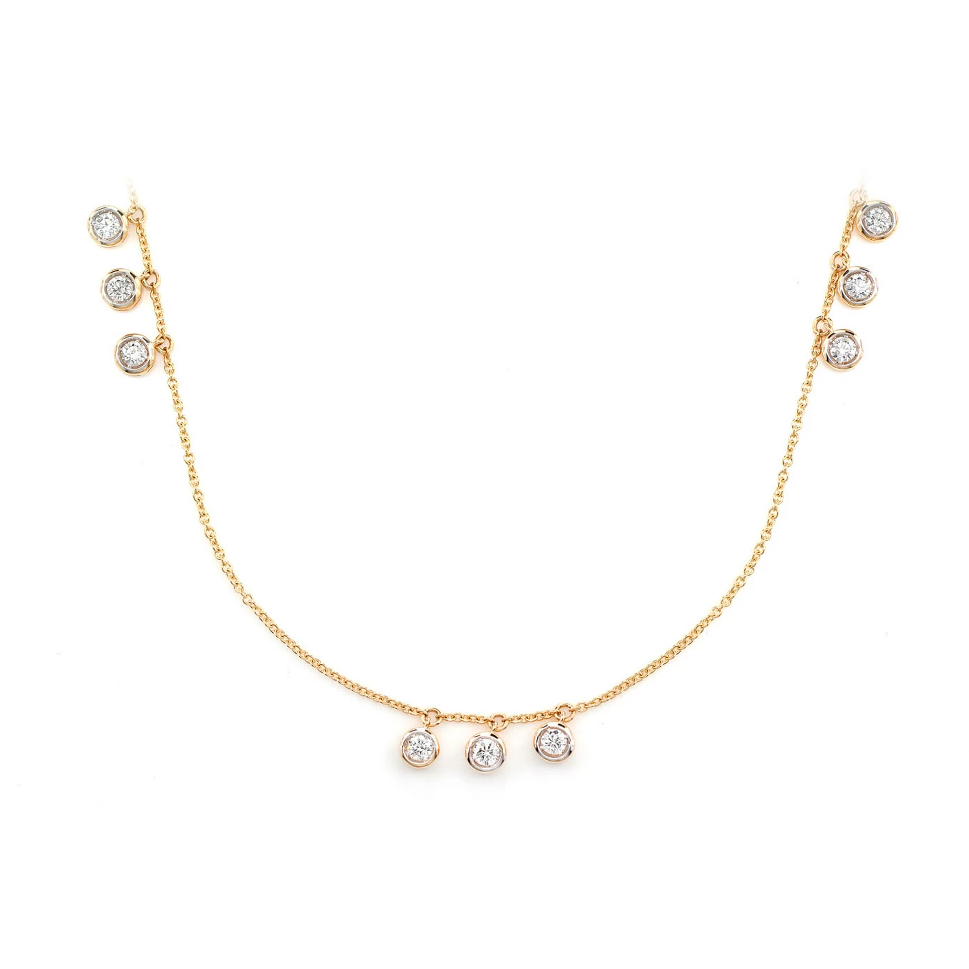 Triple Bezel Diamond Drop Station Necklace in 14K yellow gold, front view