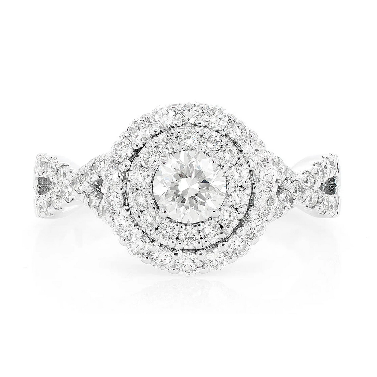 Round Double Halo Twist Diamond Ring in 14K white gold, front view