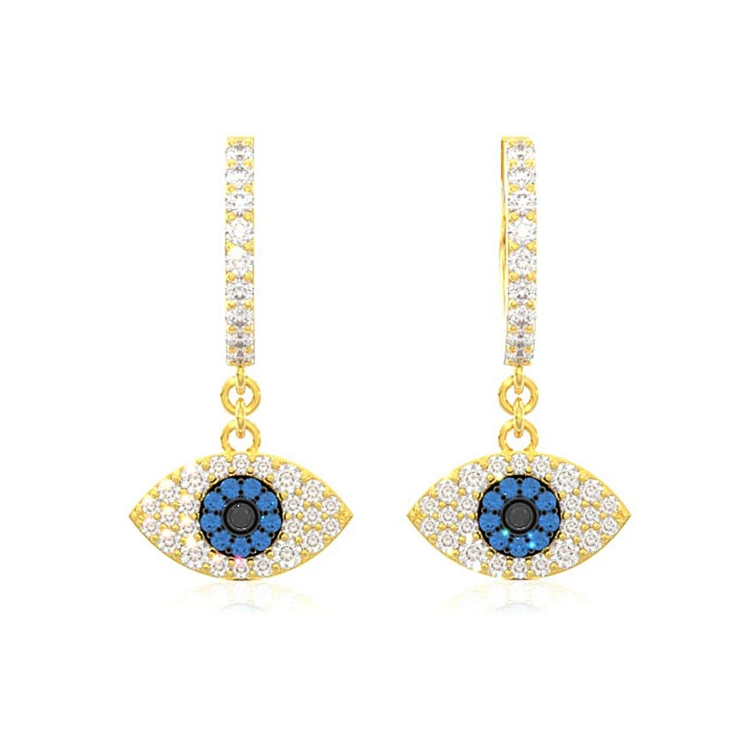 Evil Eye Diamond Hoop Drops in 14K yellow gold, front view