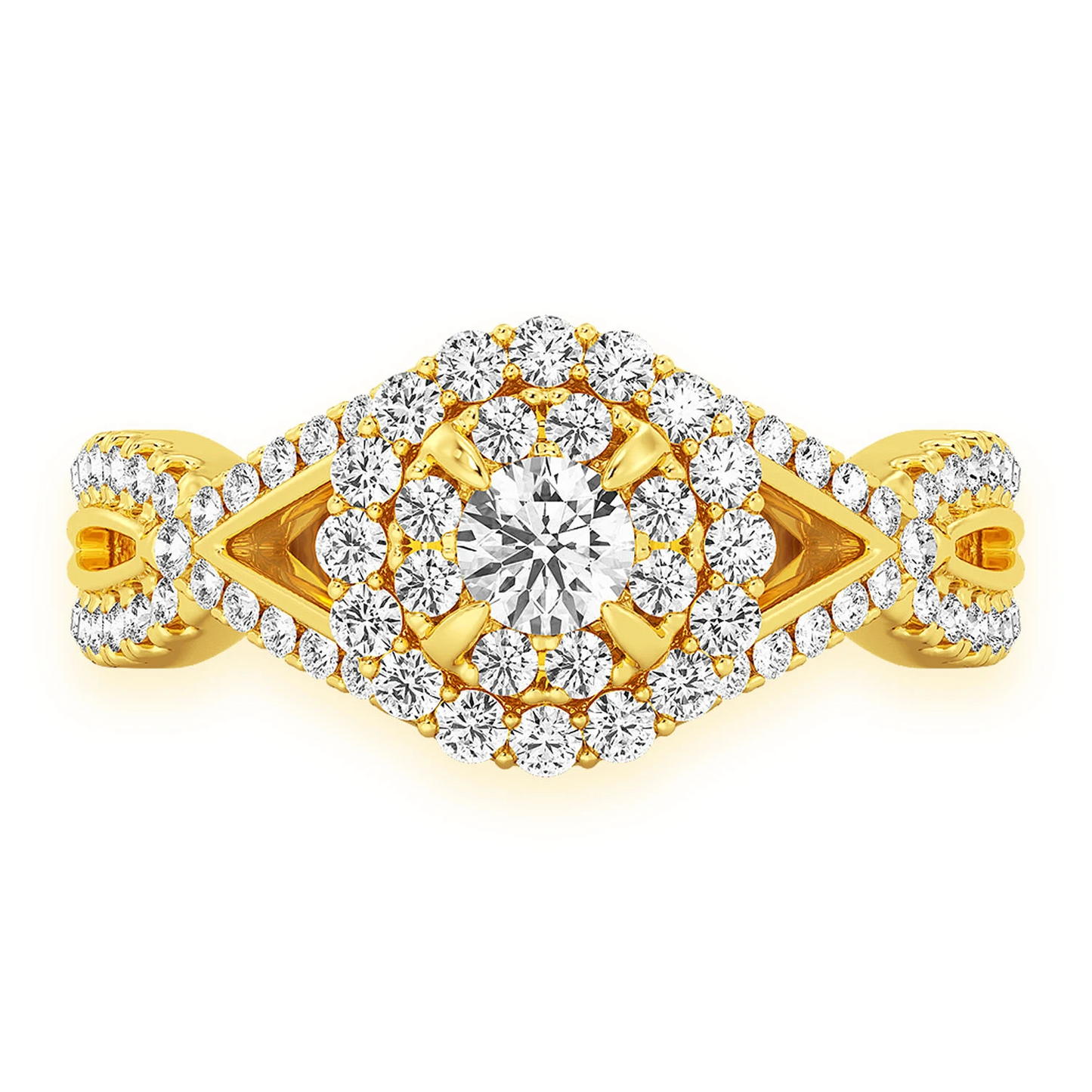 Double Band Halo Diamond Ring in 14K yellow gold, front view