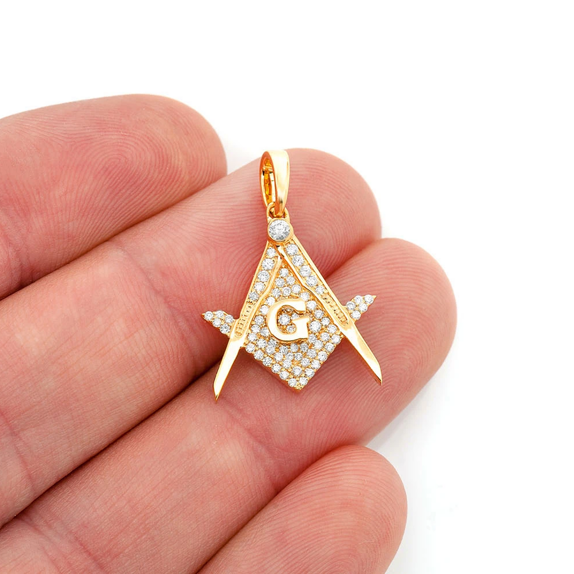Masonic G Diamond Pendant in 14K yellow gold, angled view