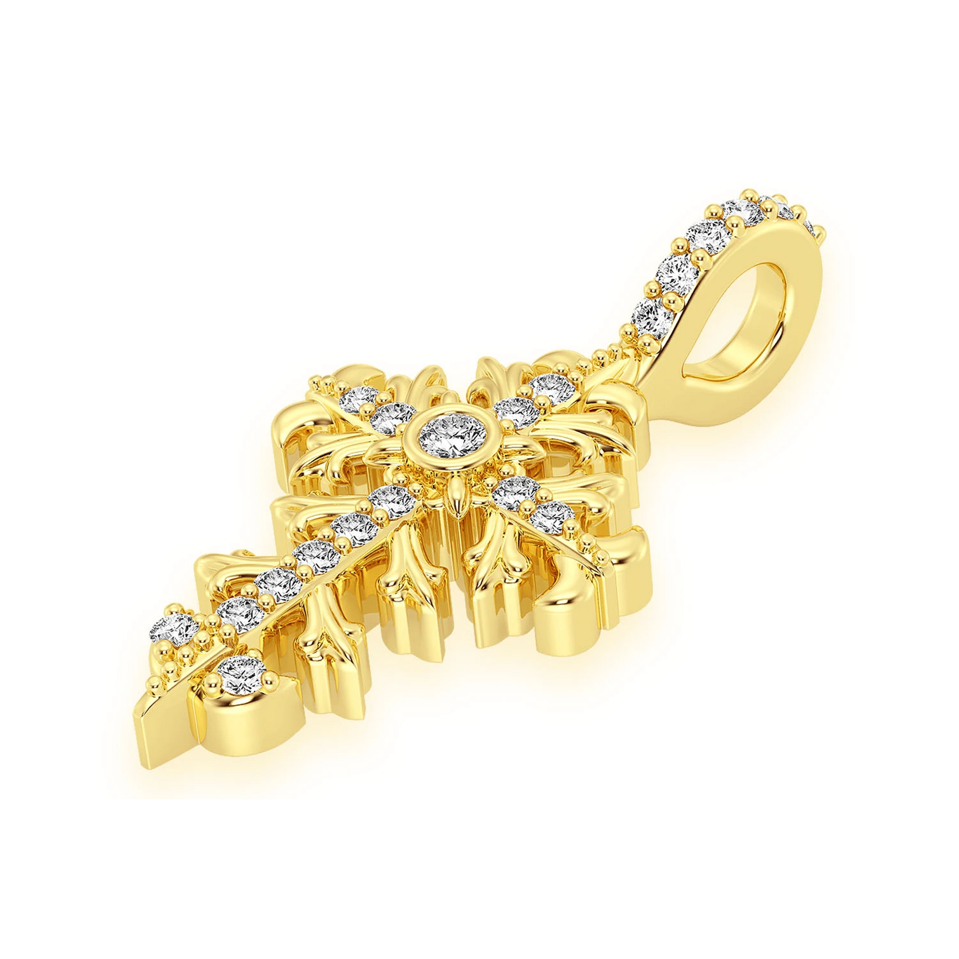 Filigree Diamond Cross Pendant in 14K yellow gold, Signature | 0.10ctw, detail view