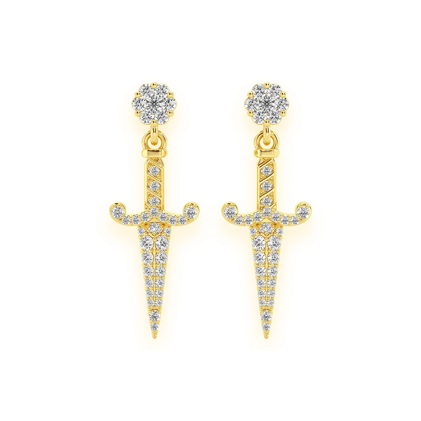 Ancient Sword Diamond Drops in 14K yellow gold, front view