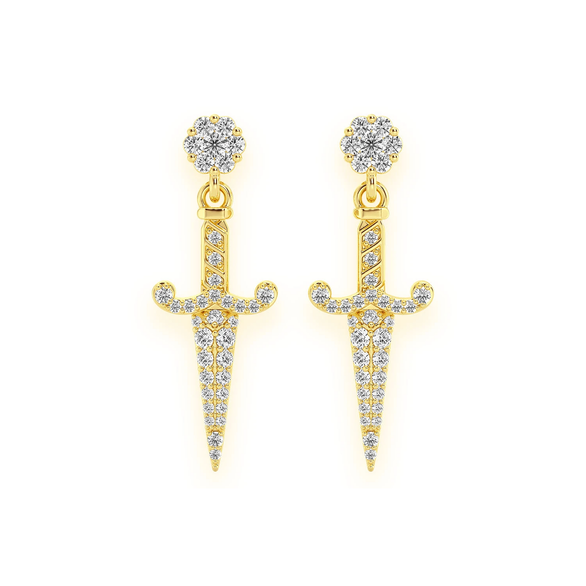 Ancient Sword Diamond Drops in 14K yellow gold, front view