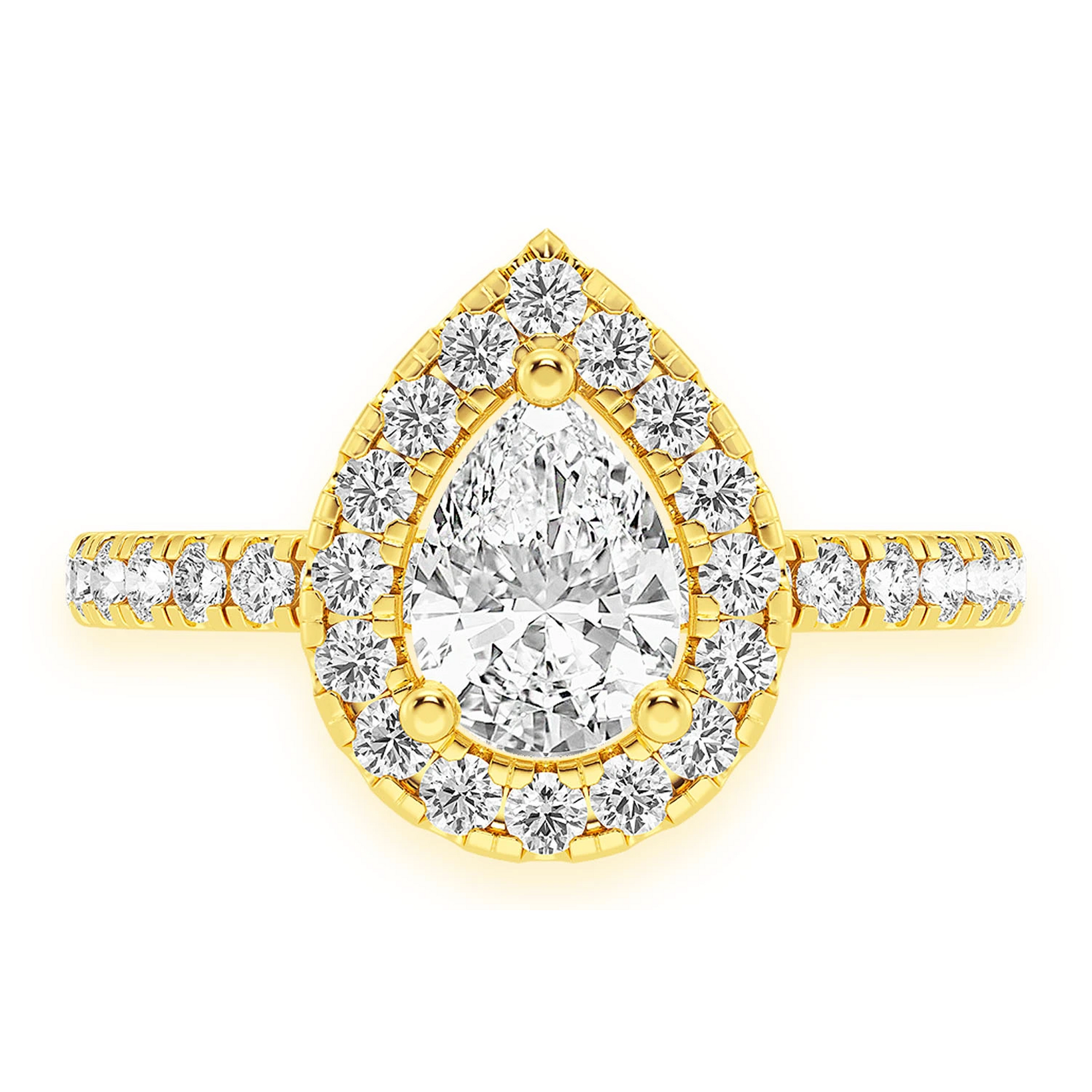 Pear Scallop Halo One Row Diamond Ring in 14K yellow gold, front view