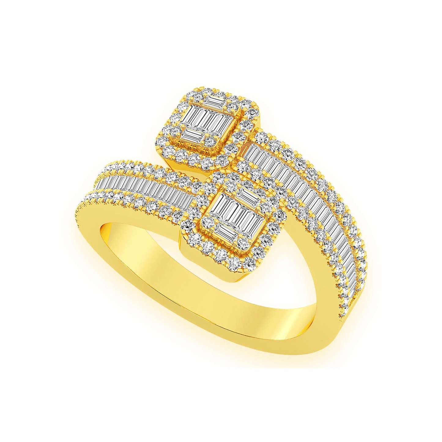 Border Baguette Crossover Diamond Ring in 14K yellow gold, angled view
