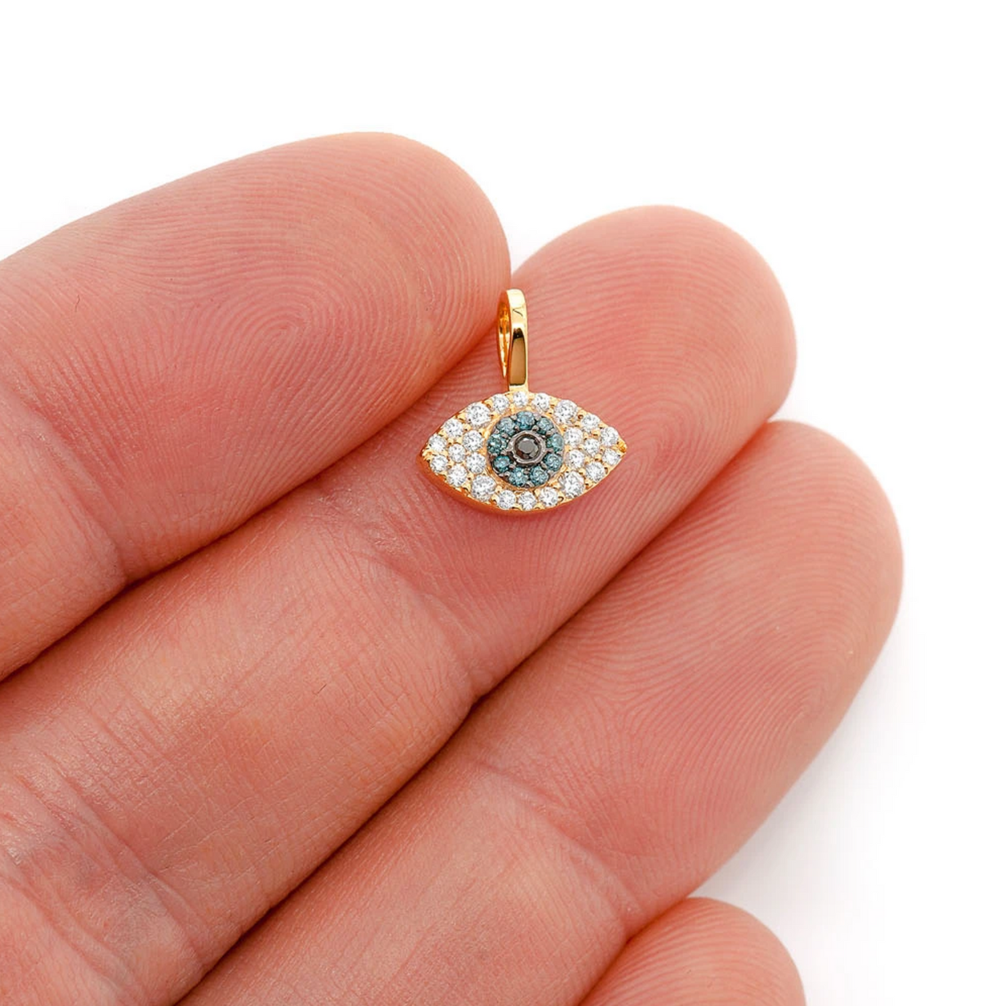 Evil Eye Diamond Pendant in 14K yellow gold, angled view