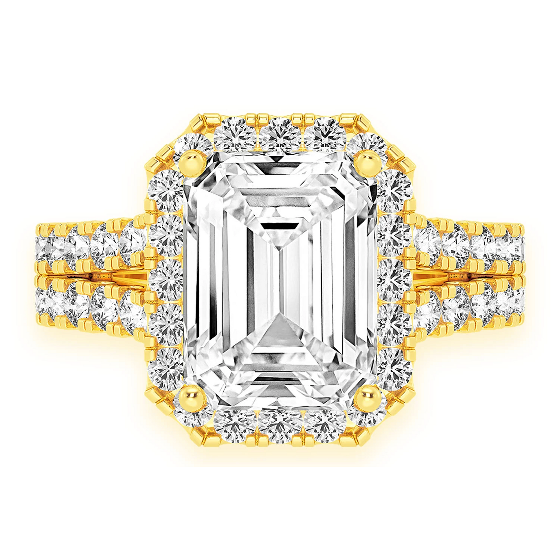 3ct Emerald Cut Split Shank Halo Diamond Engagement Ring in 14K yellow gold, front view