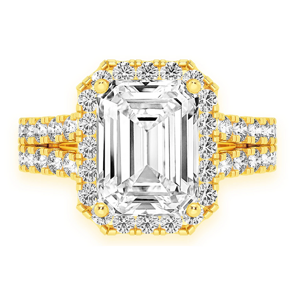 3ct Emerald Cut Split Shank Halo Diamond Engagement Ring