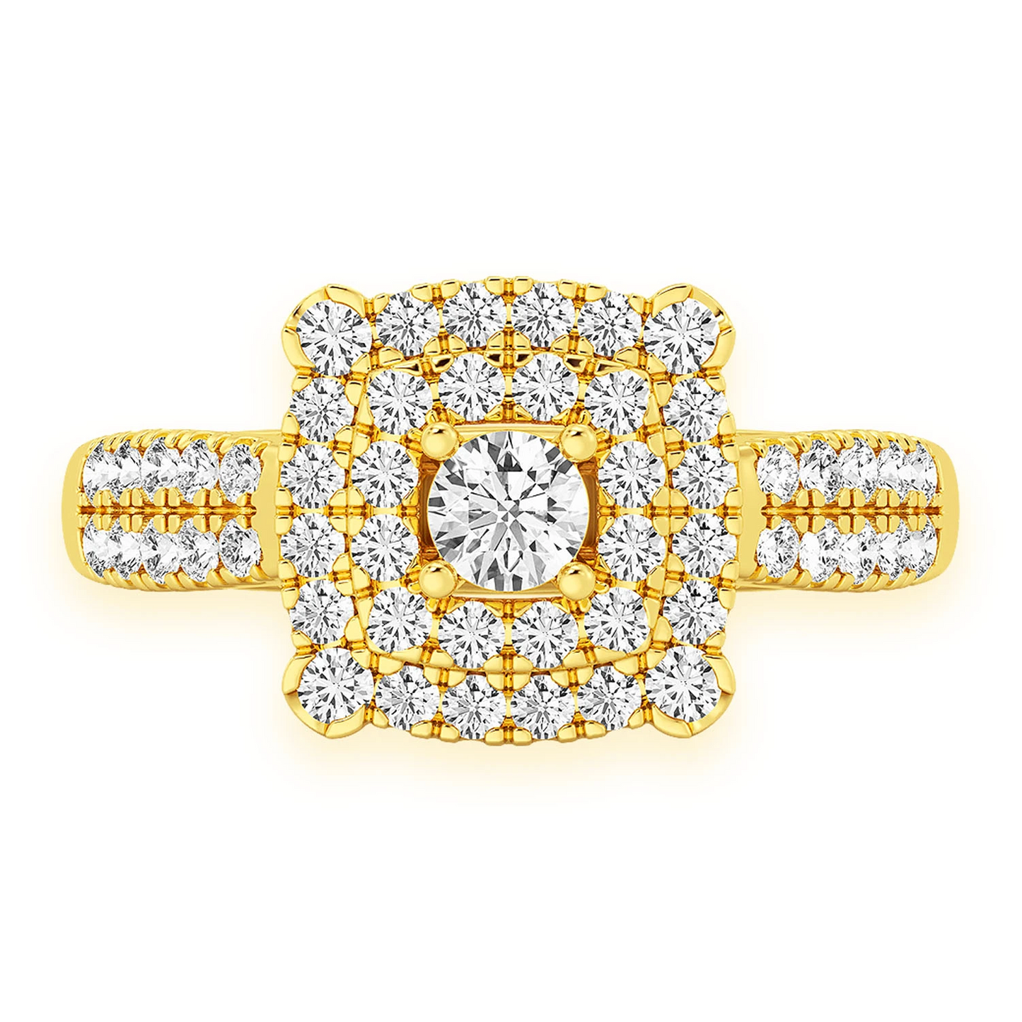 Square Double Halo Diamond Ring in 14K yellow gold, front view