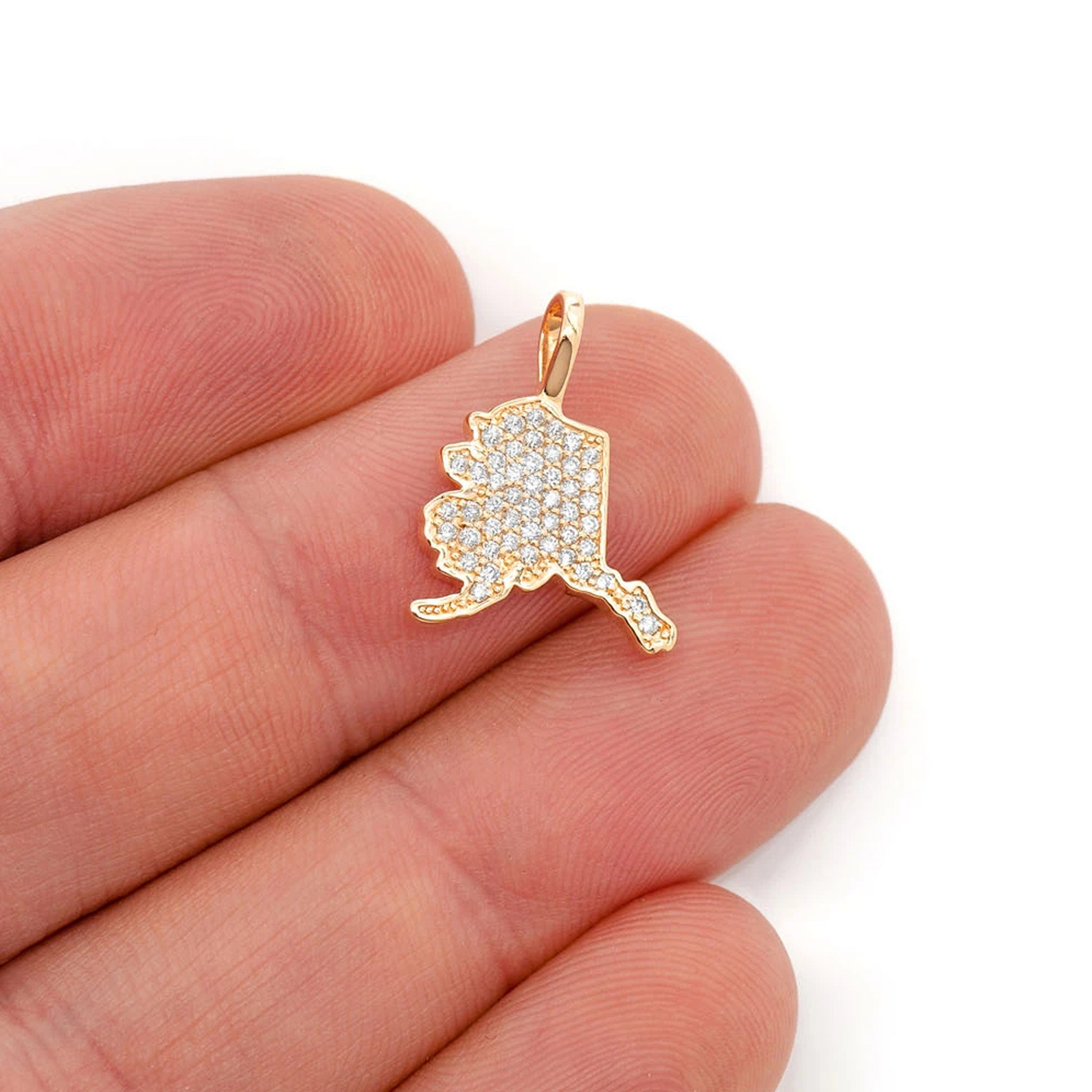 US State Diamond Pendant in 14K yellow gold, Alaska design, angled view