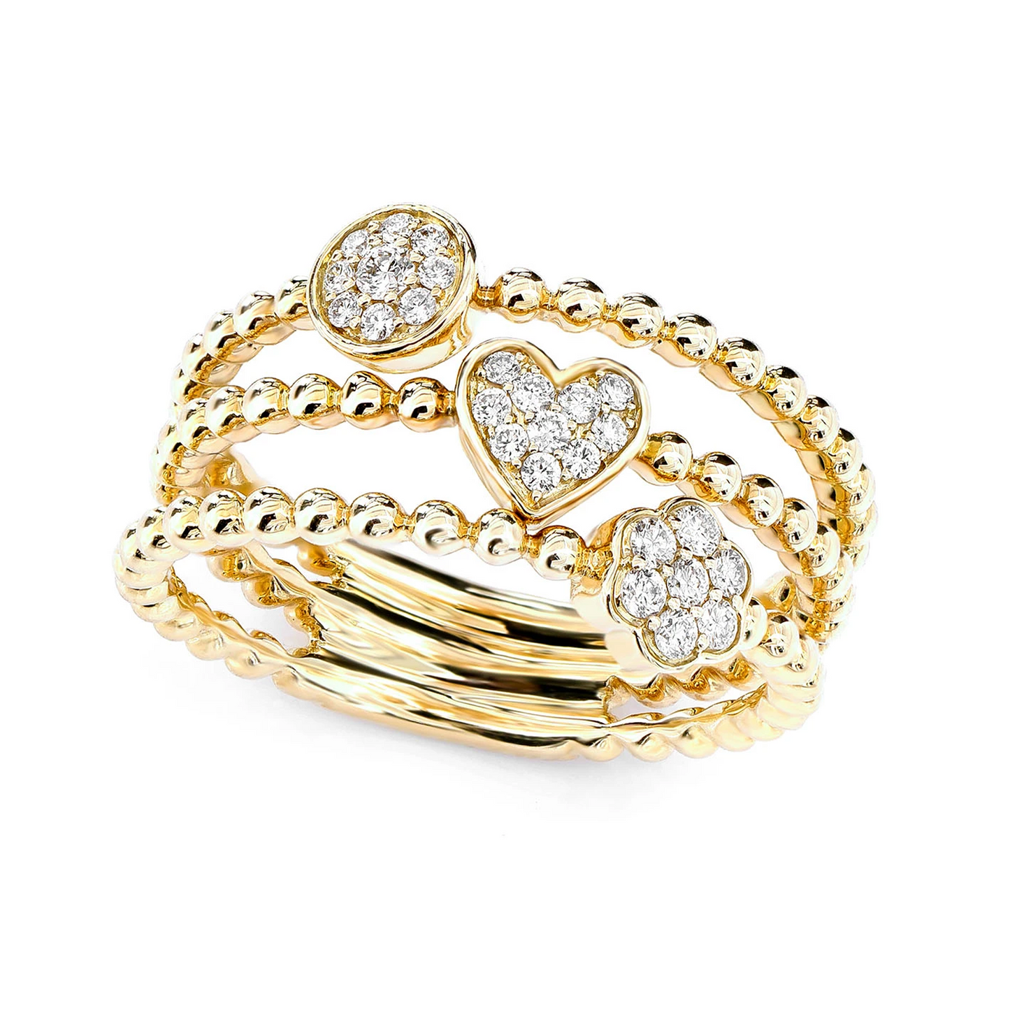 Three Row Beaded Diamond Ring in 14K yellow gold, angled view