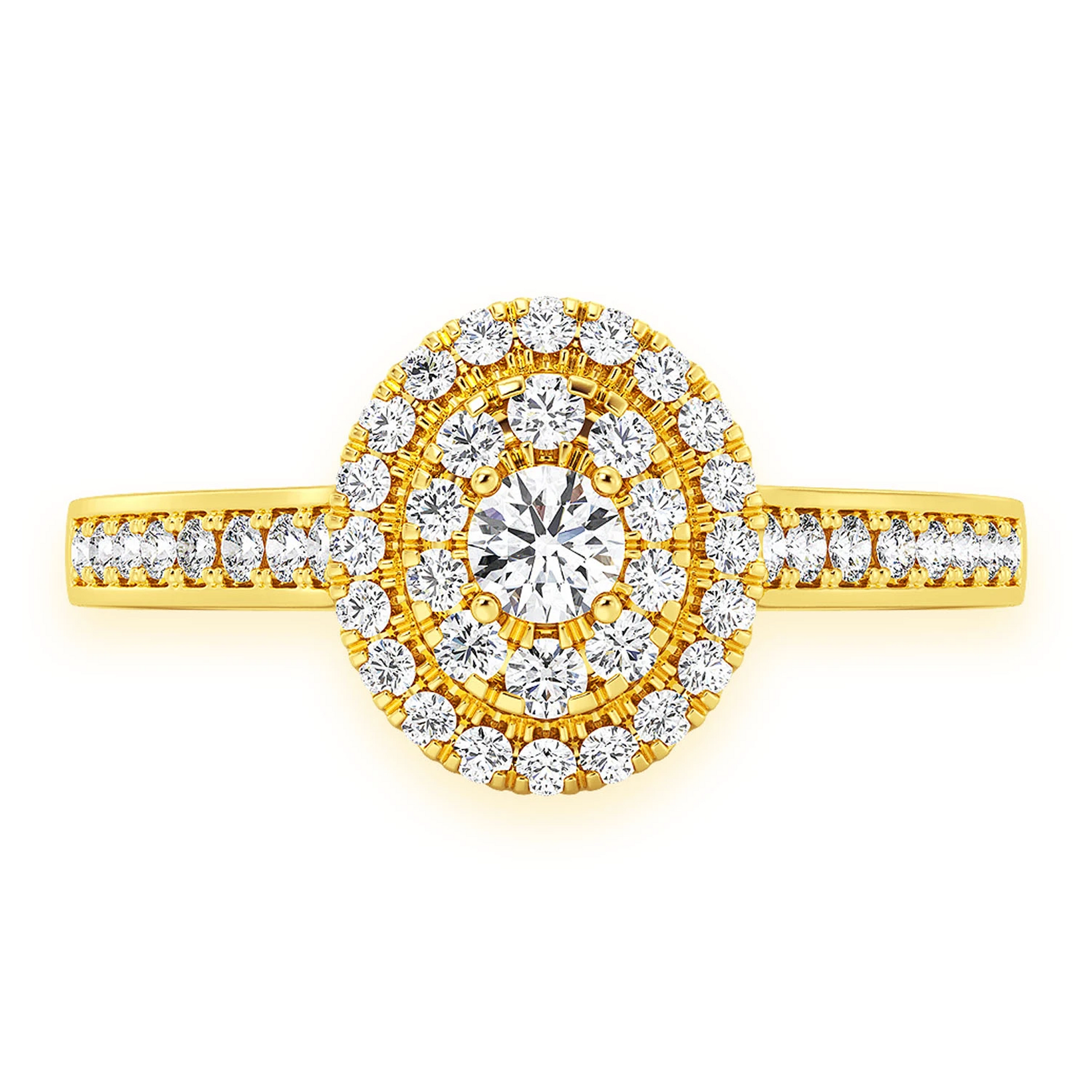 Layered Oval Diamond Engagement Ring in 14K yellow gold, front view