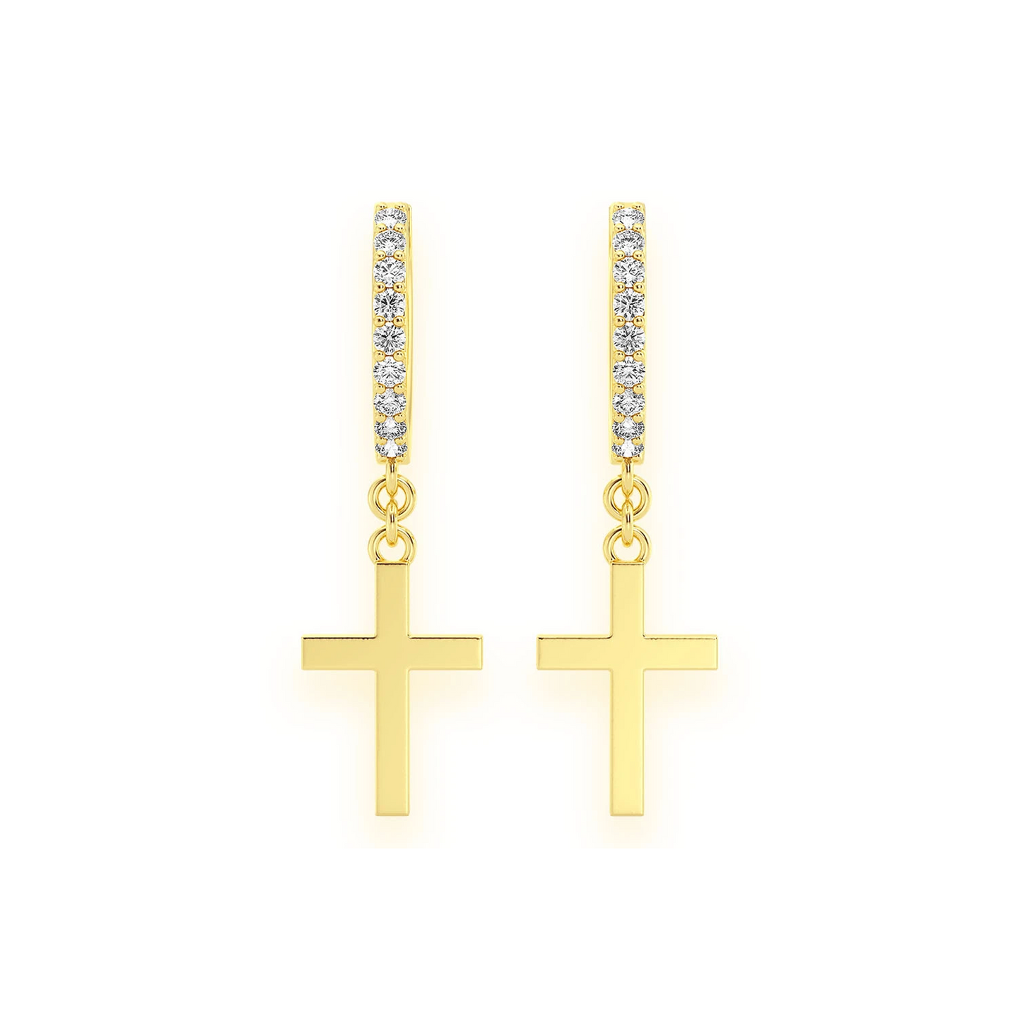 Plain Cross Diamond Hoops in 14K yellow gold, front view
