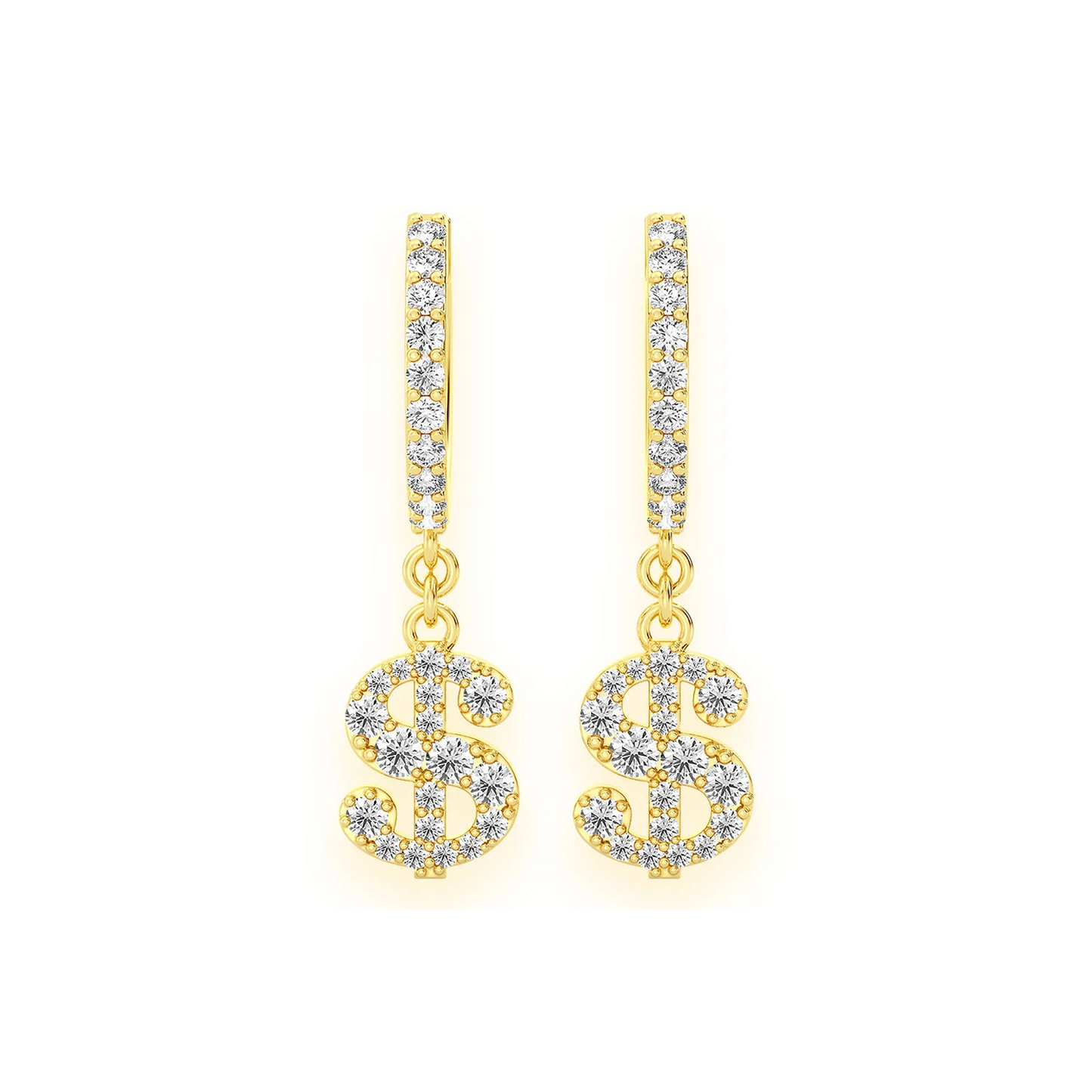 Dollar Sign Hoop Drops in 14K yellow gold, front view