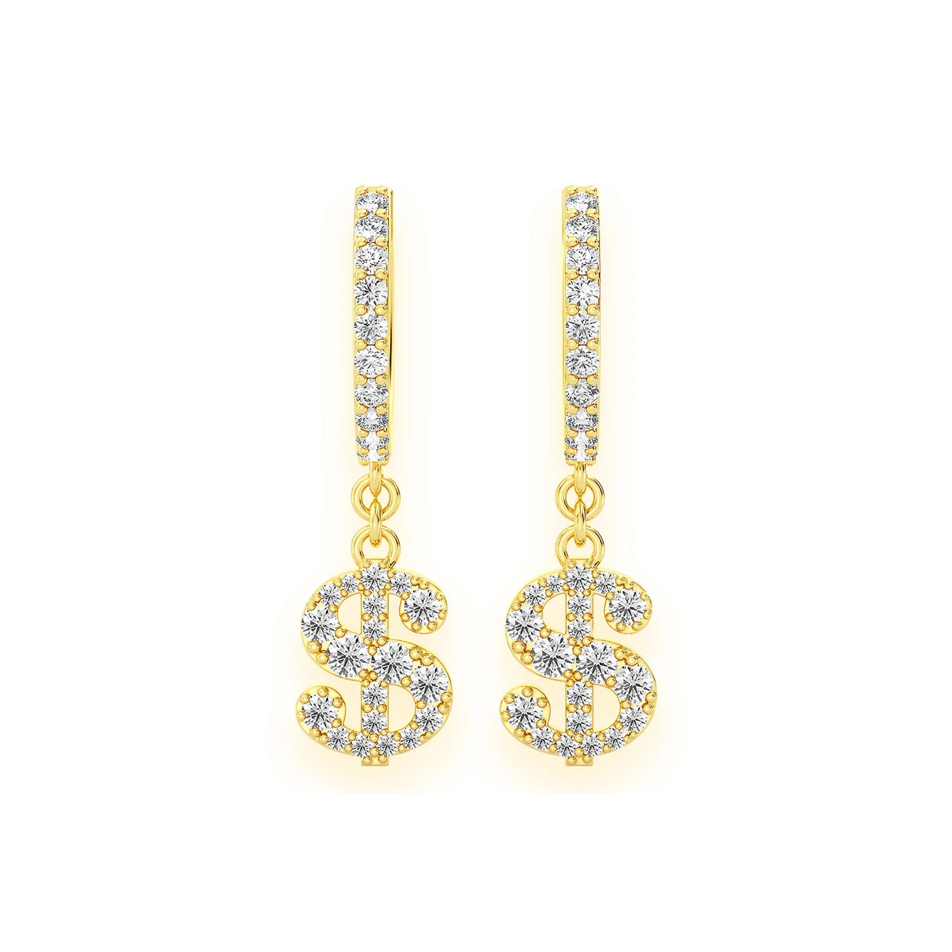 Dollar Sign Hoop Drops in 14K yellow gold, front view