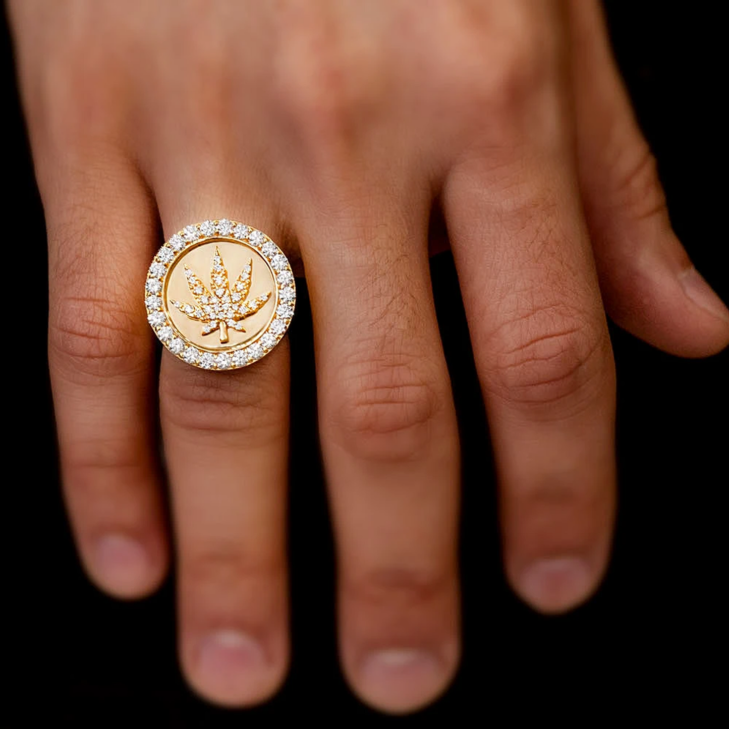 Cannabis Signet Diamond Ring in 14K yellow gold, angled view