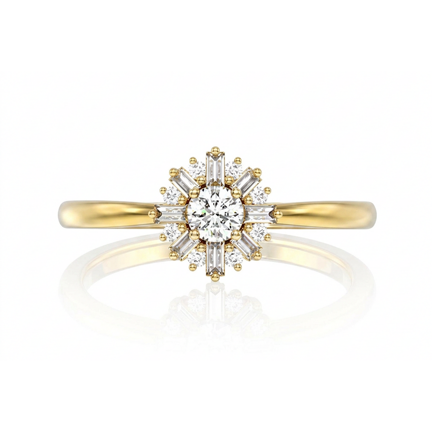 Round Floral Baguette Diamond Ring in 14K yellow gold, front view