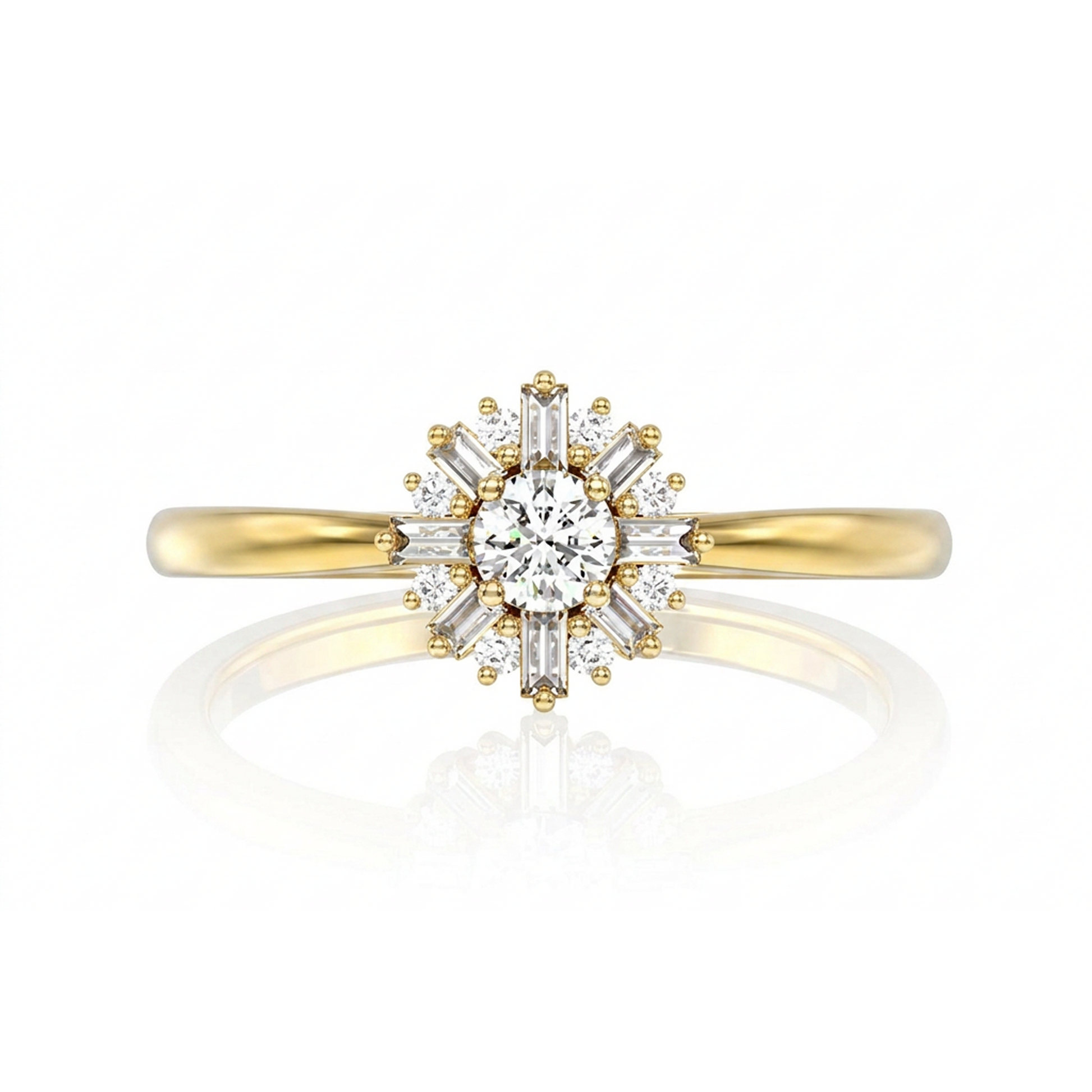 Round Floral Baguette Diamond Ring in 14K yellow gold, front view