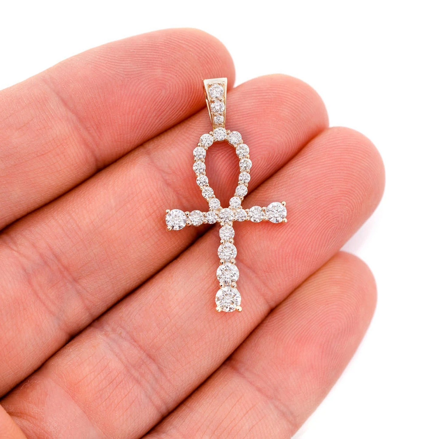 Graduated Ankh Diamond Pendant in 14K yellow gold, angled view