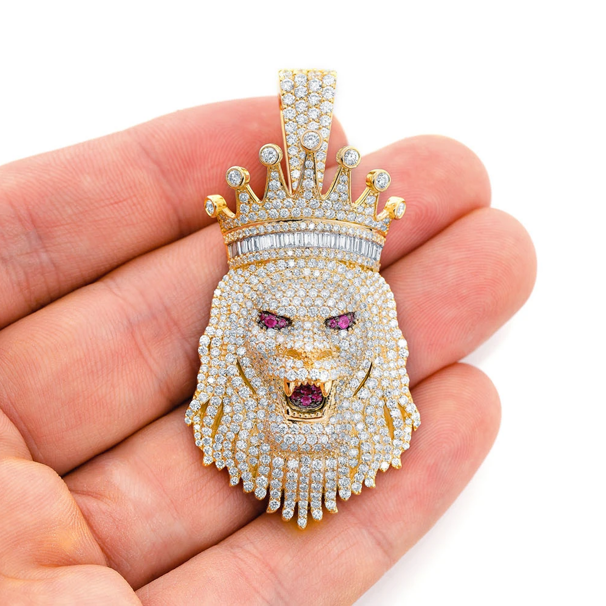 King Crown Lion Diamond Pendant in 14K yellow gold, angled view