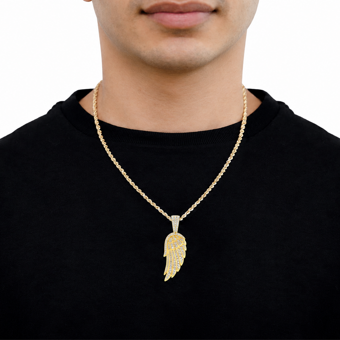 Angel Wing Feather Diamond Pendant in 14K yellow gold, Statement | 2.35ctw, angled view
