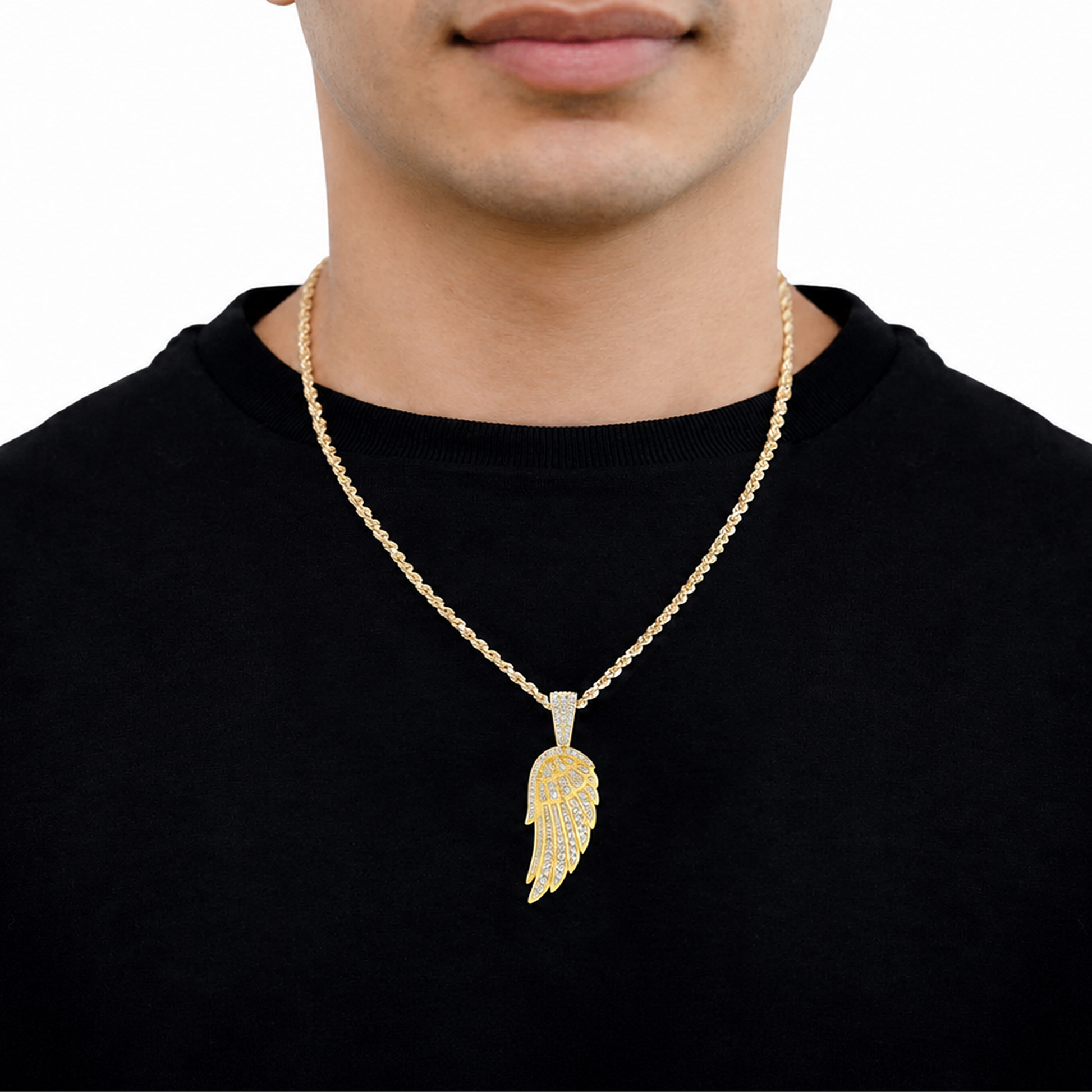 Angel Wing Feather Diamond Pendant in 14K yellow gold, Statement | 2.35ctw, angled view
