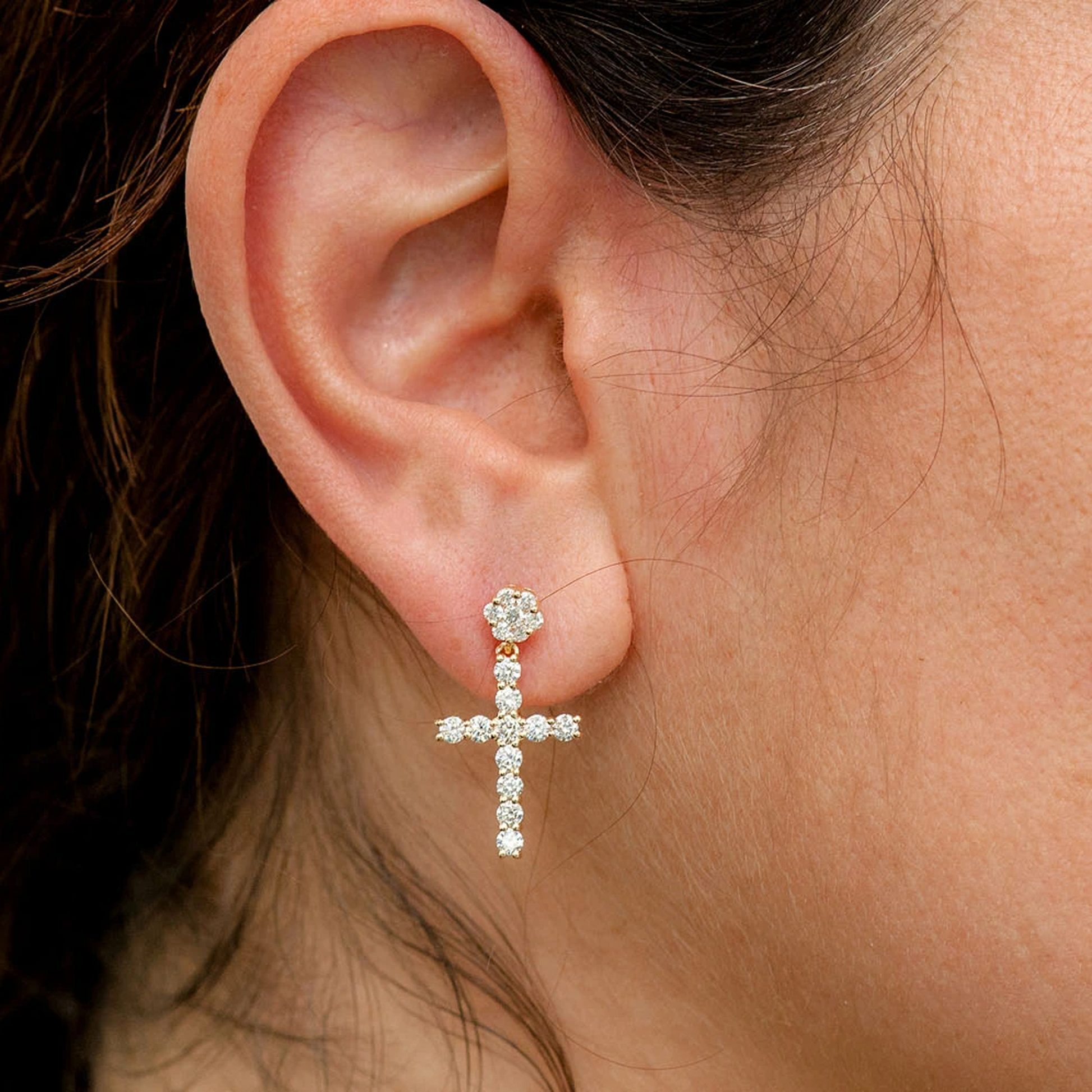 Cross Diamond Stud Drops in 14K white gold, angled view
