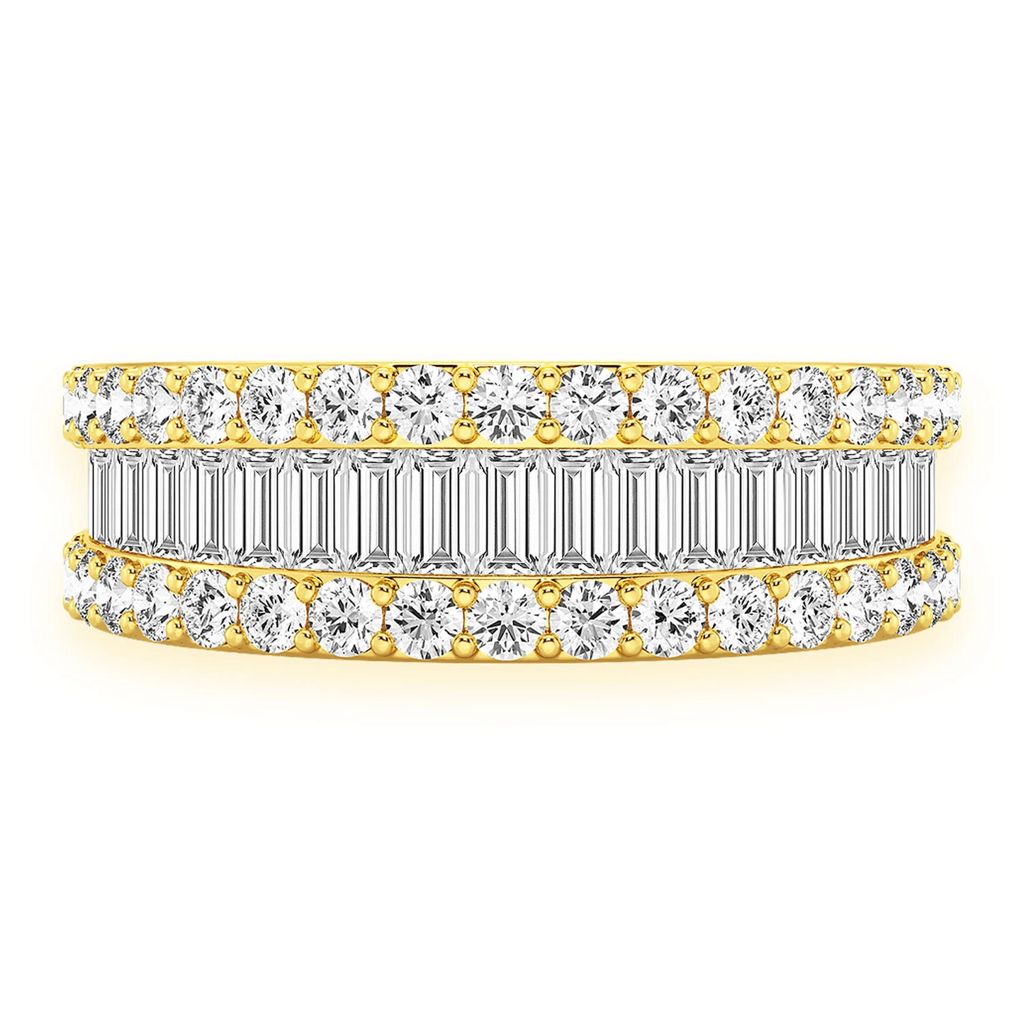 Baguette & Round Border Diamond Ring in 14K yellow gold, angled view