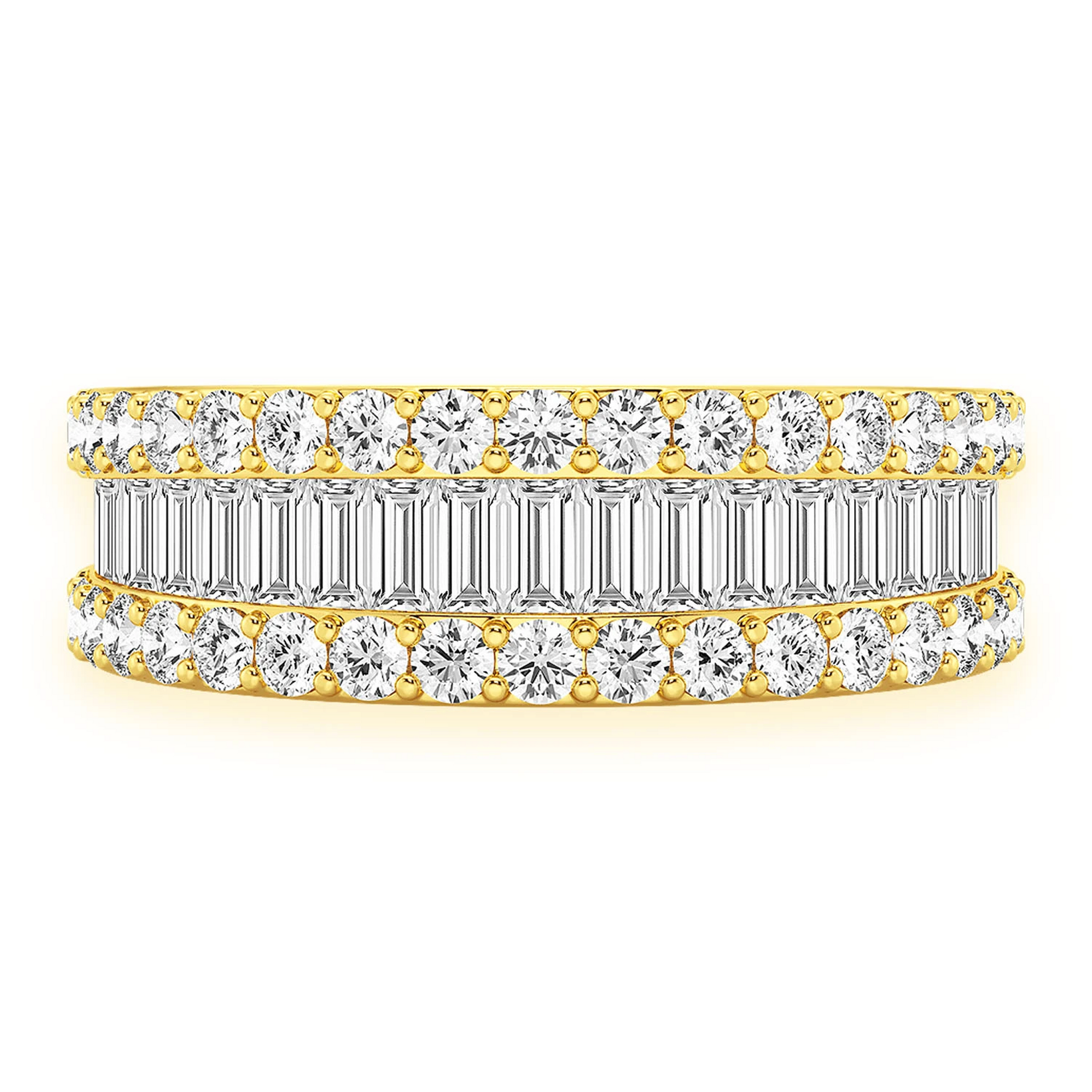 Baguette & Round Border Diamond Ring in 14K yellow gold, angled view