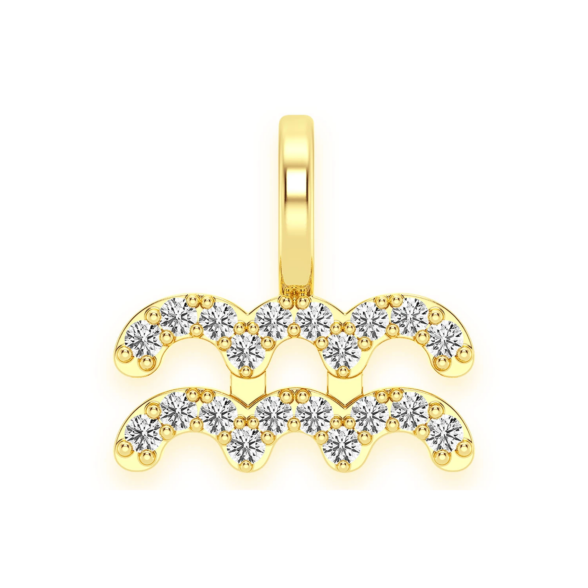 Astrology Zodiac Diamond Pendant in 14K yellow gold, Aquarius design, front view