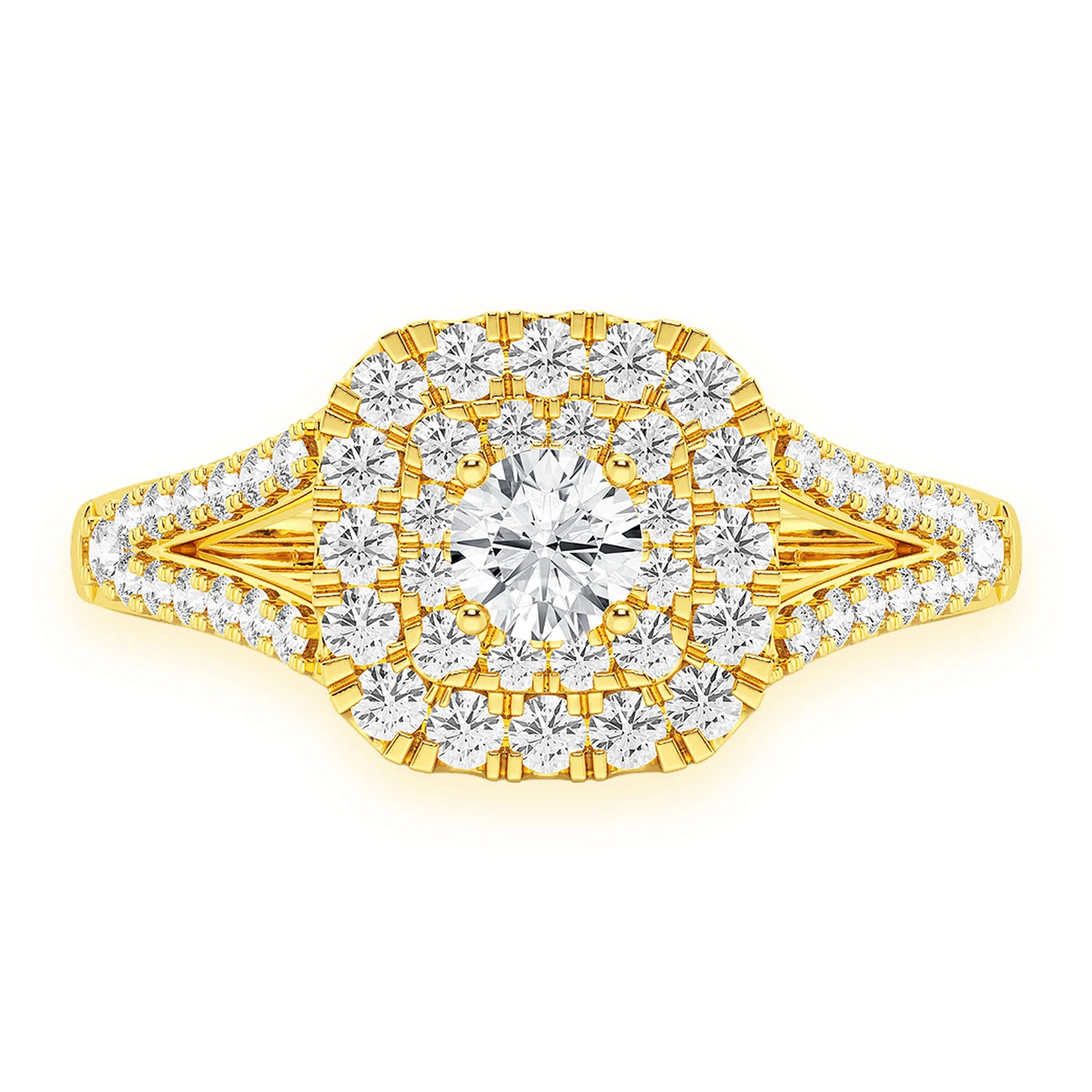 Cushion Double Halo Diamond Ring in 14K yellow gold, front view