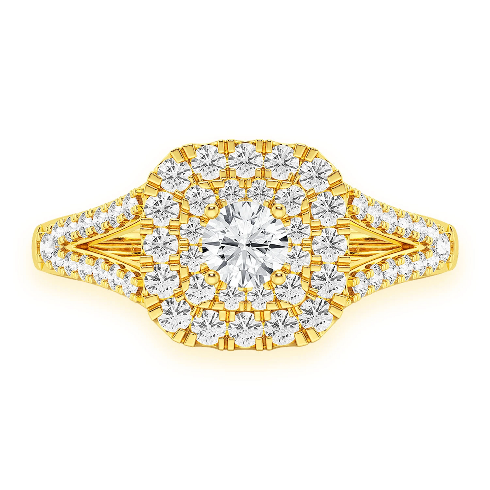 Cushion Double Halo Diamond Ring in 14K yellow gold, front view