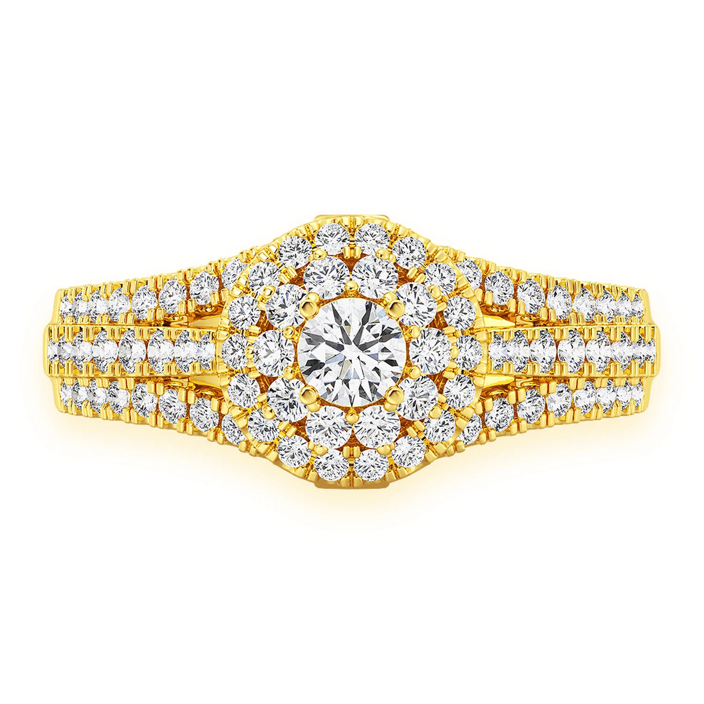 Round Double Halo Diamond Ring in 14K yellow gold, front view