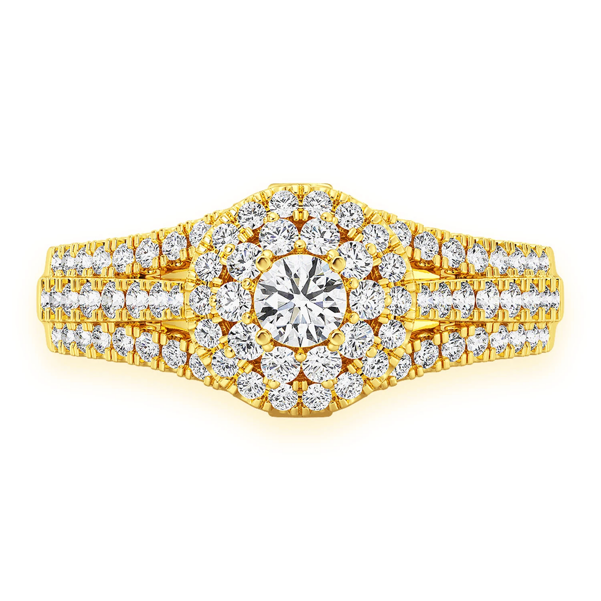 Round Double Halo Diamond Ring in 14K yellow gold, front view