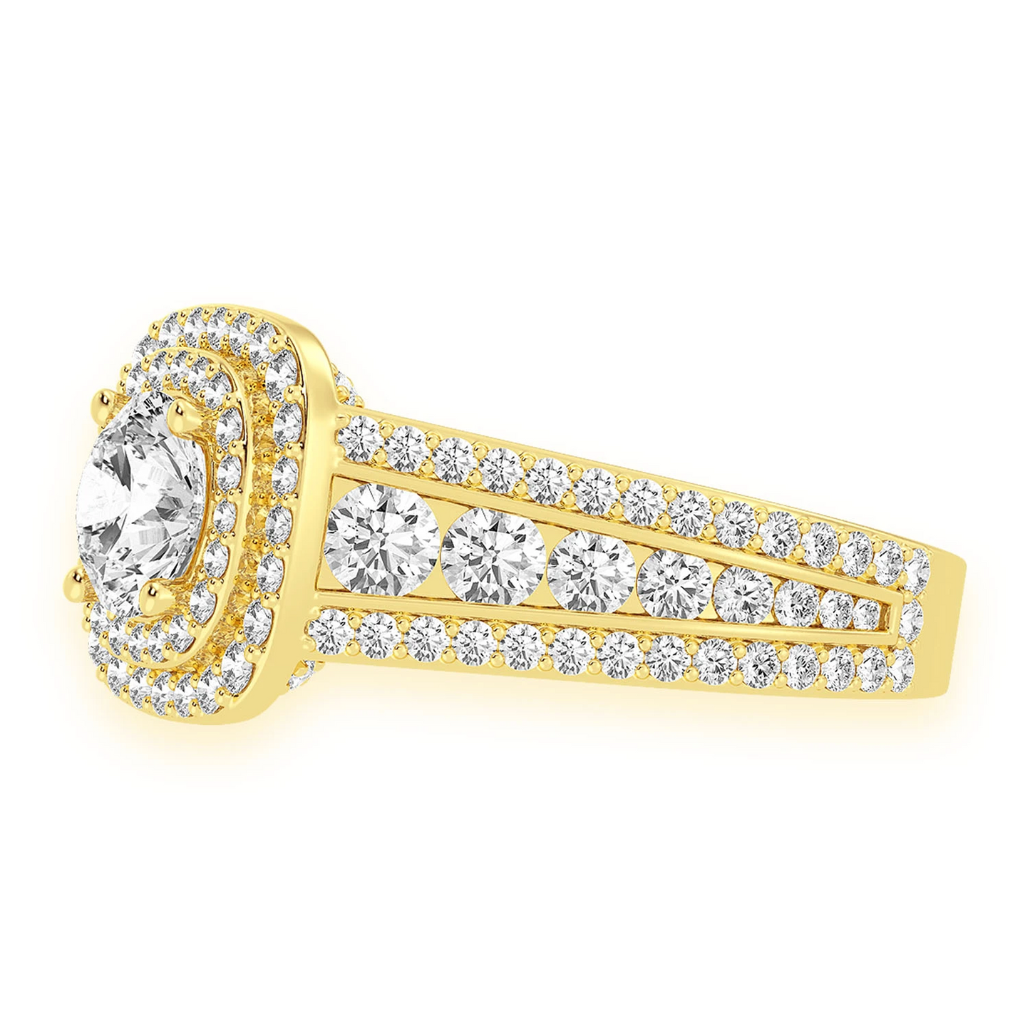 Fancy Three Row Double Halo Diamond Ring in 14K yellow gold, detail view