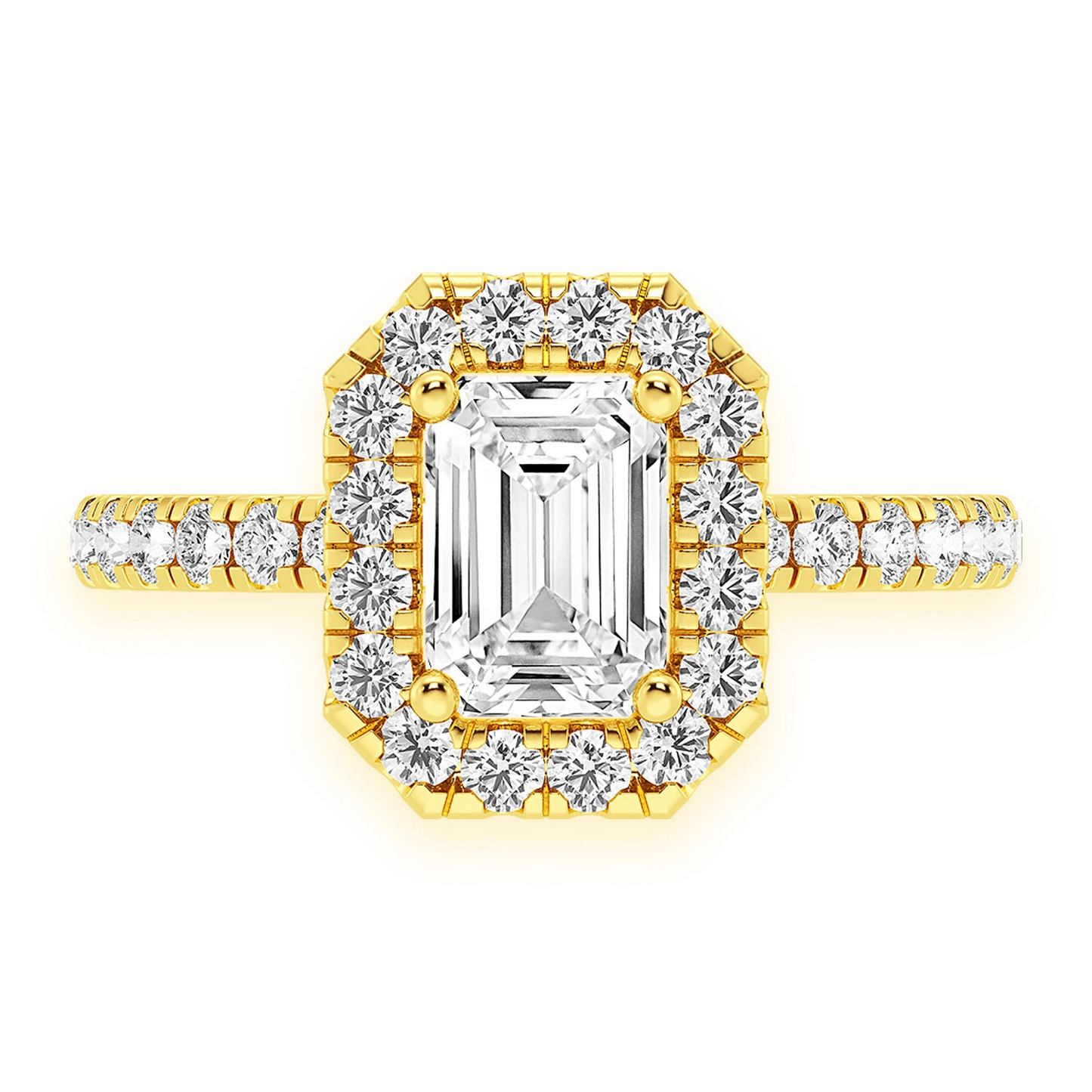 0.75ct Emerald Cut Halo Diamond Engagement Ring in 14K yellow gold, front view