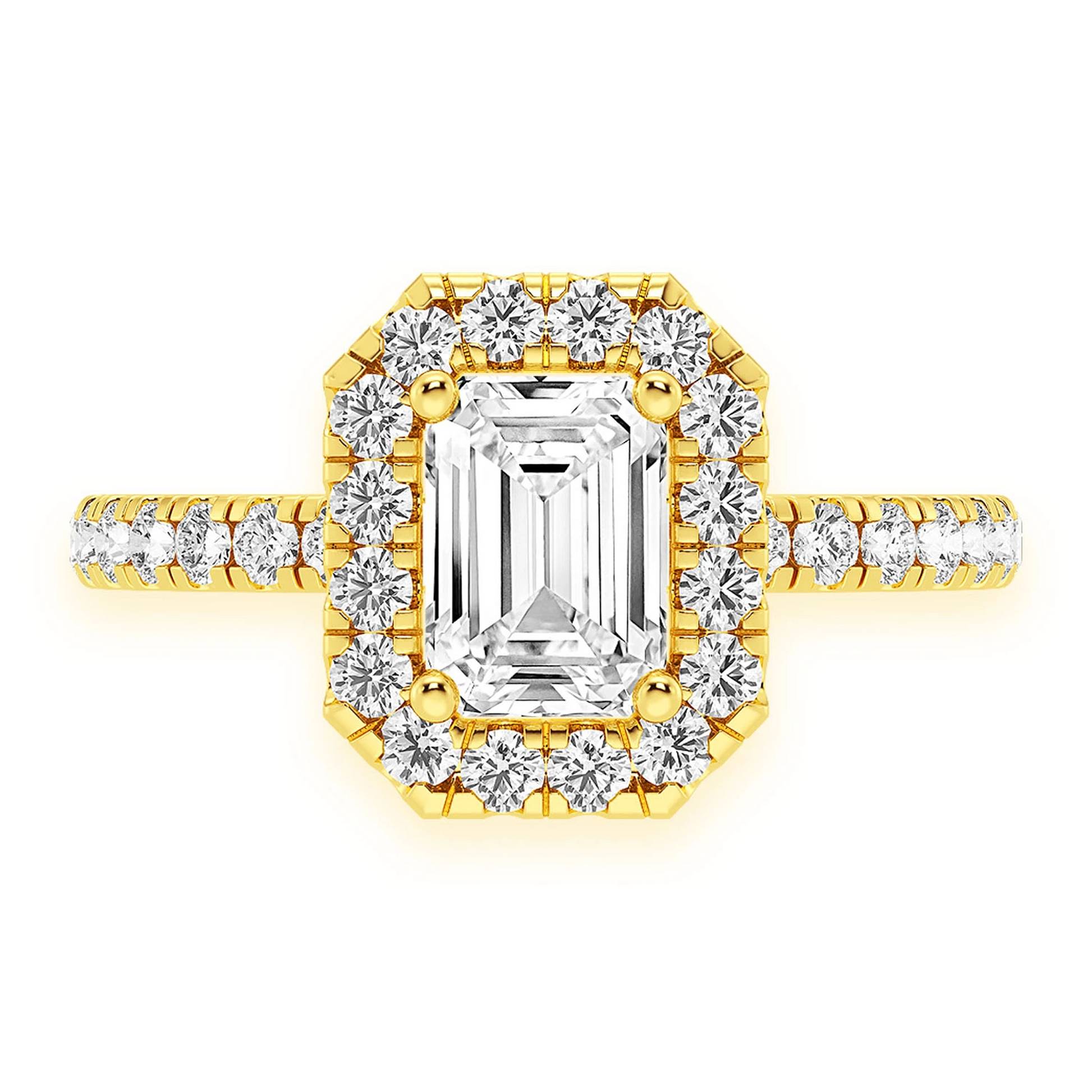 0.75ct Emerald Cut Halo Diamond Engagement Ring in 14K yellow gold, front view