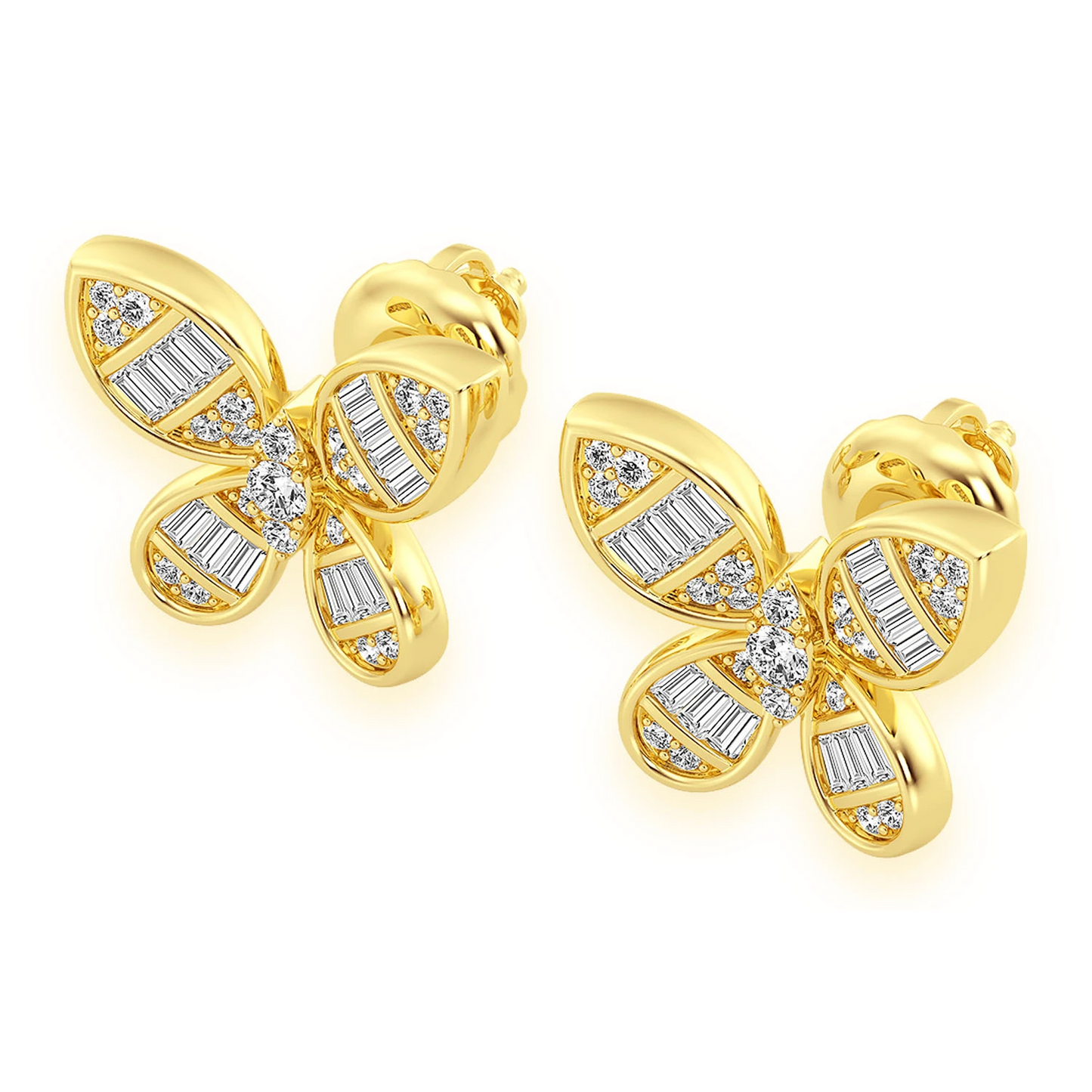Butterfly Baguette Diamond Stud Earrings in 14K yellow gold, angled view