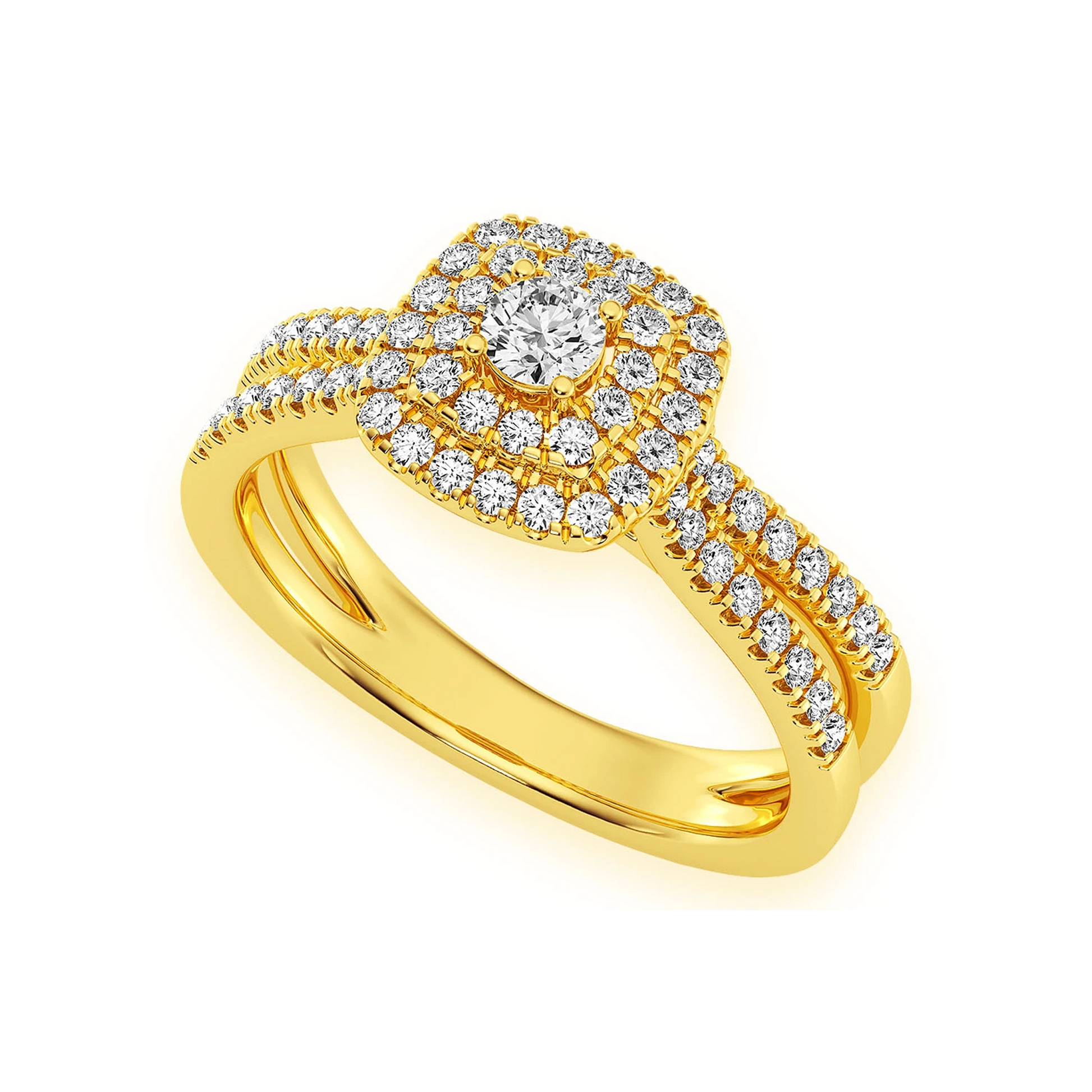 Three Layer Square Double Halo Engagement Ring in 14K yellow gold, angled view