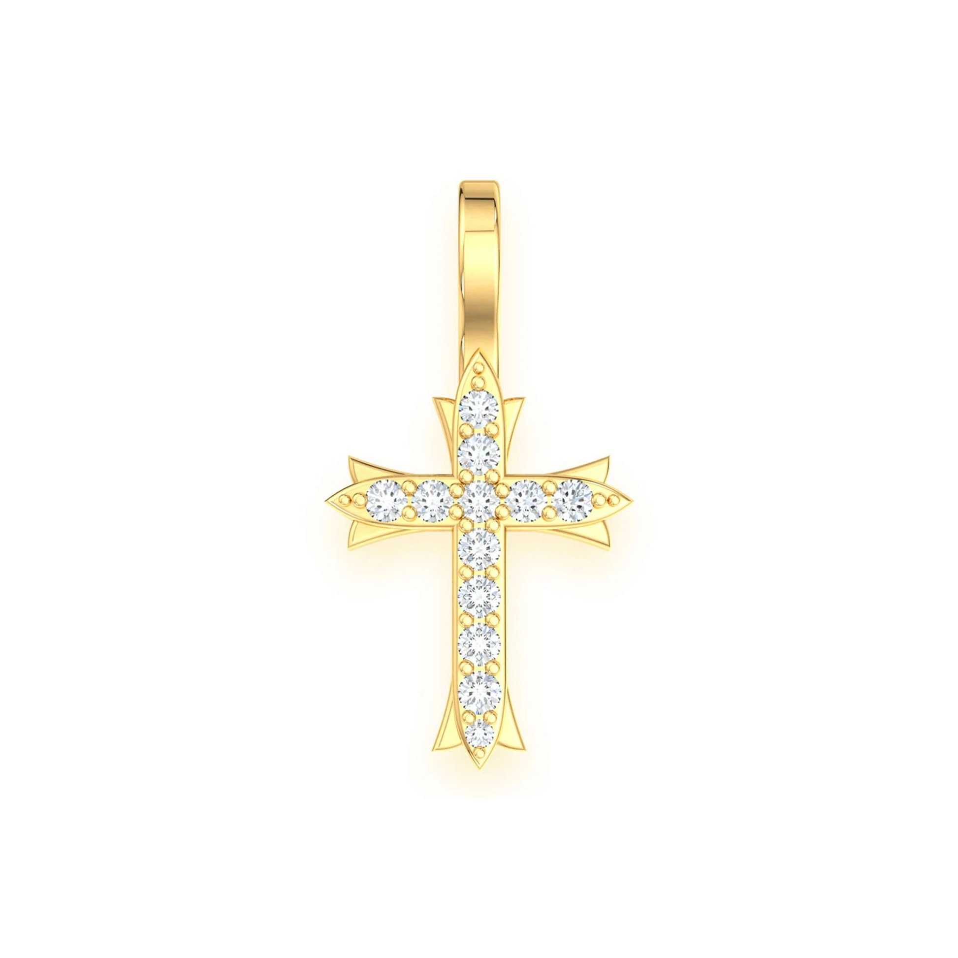 Triple Point Cross Pendant in 14K yellow gold, Set | 0.10ctw, front view