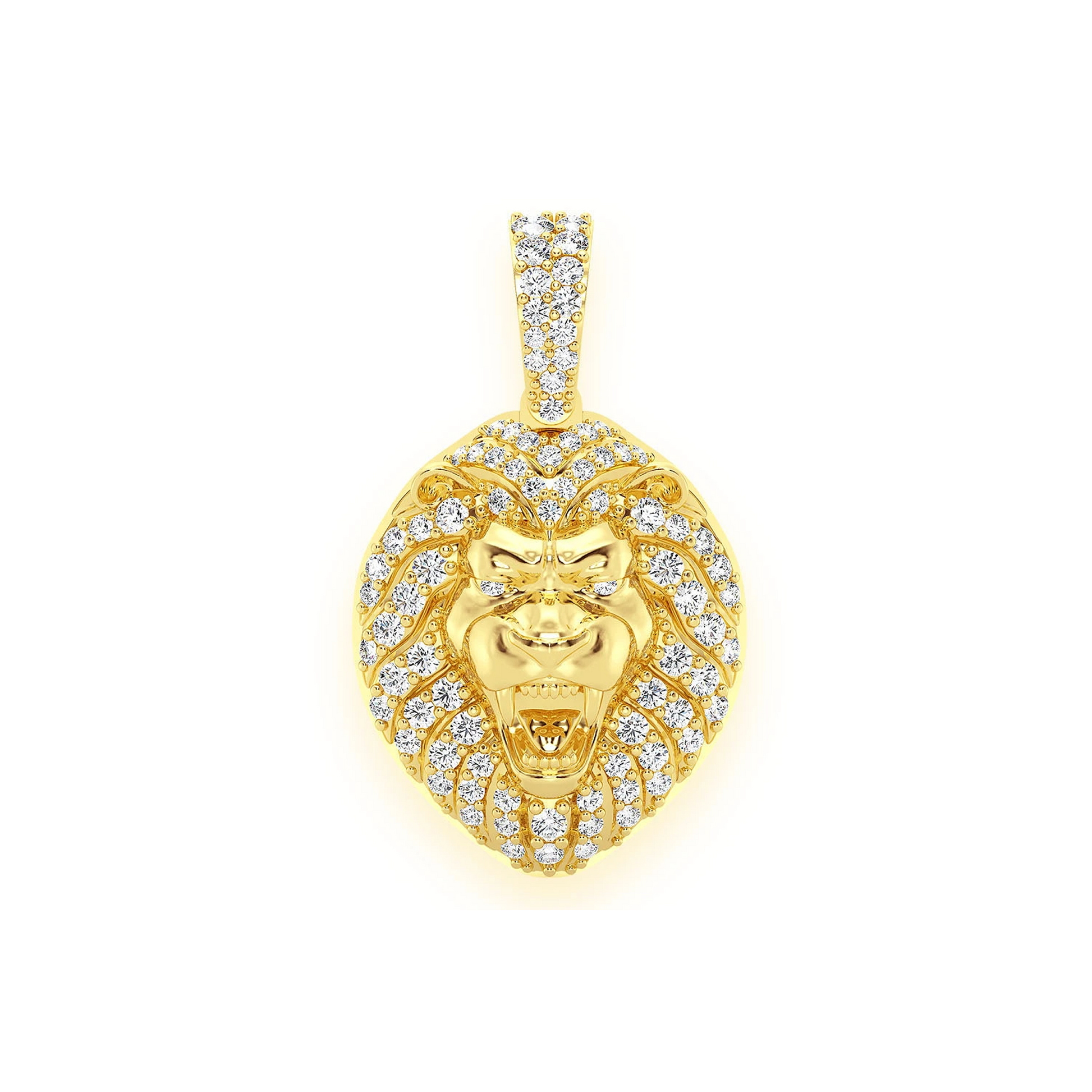 Lion Head Diamond Pendant in 14K yellow gold, Set | 0.50ctw, front view