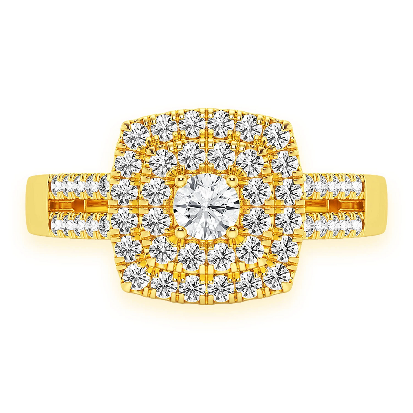 Princess Cut Double Halo Split Shank Ring in 14K yellow gold, front view