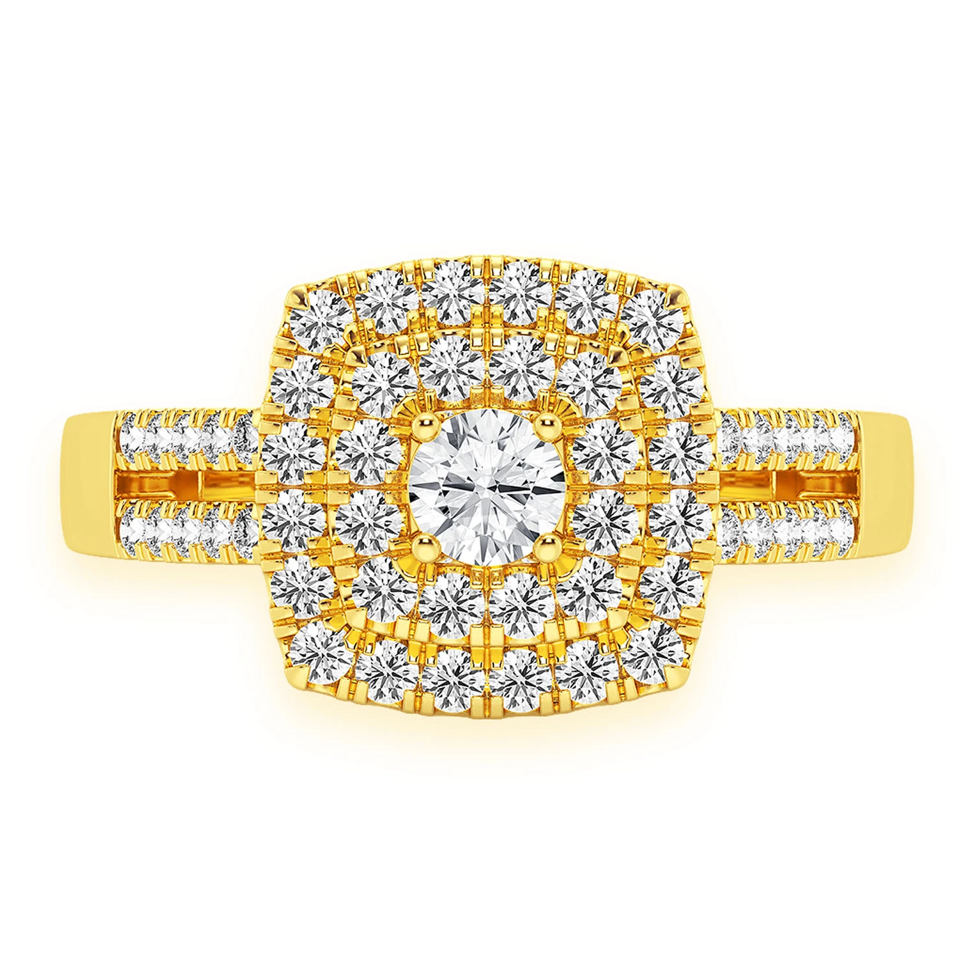 Princess Cut Double Halo Split Shank Ring in 14K yellow gold, front view