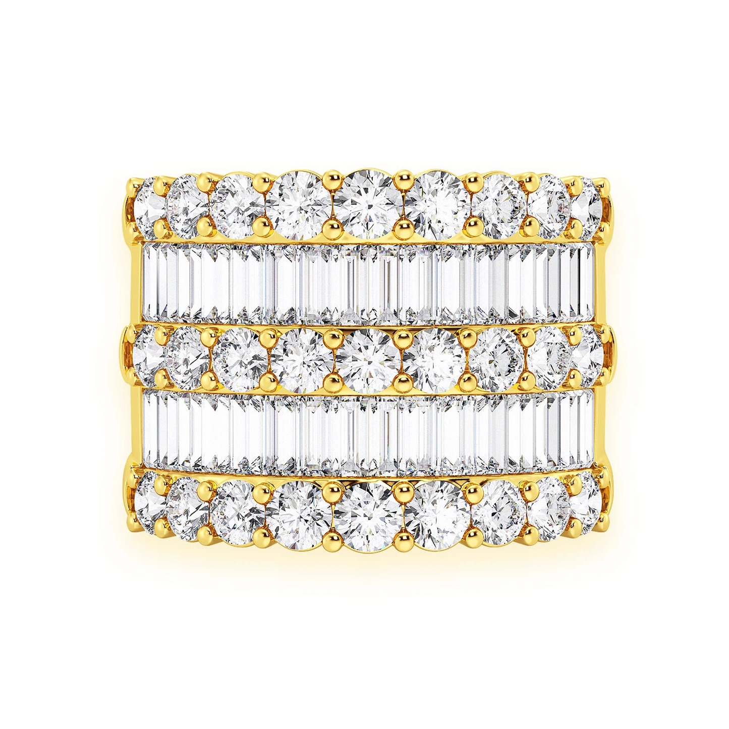 Three Row Round & Baguette Ring in 14K yellow gold, front view