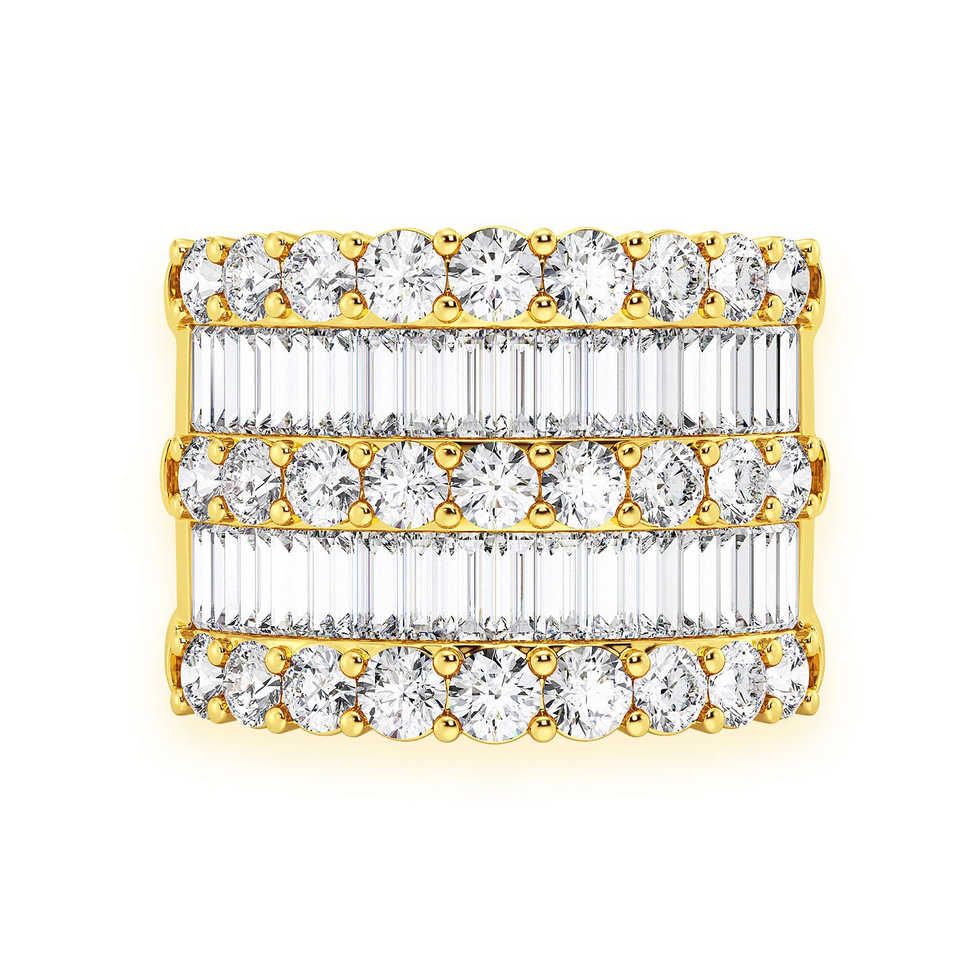 Three Row Round & Baguette Ring in 14K yellow gold, front view
