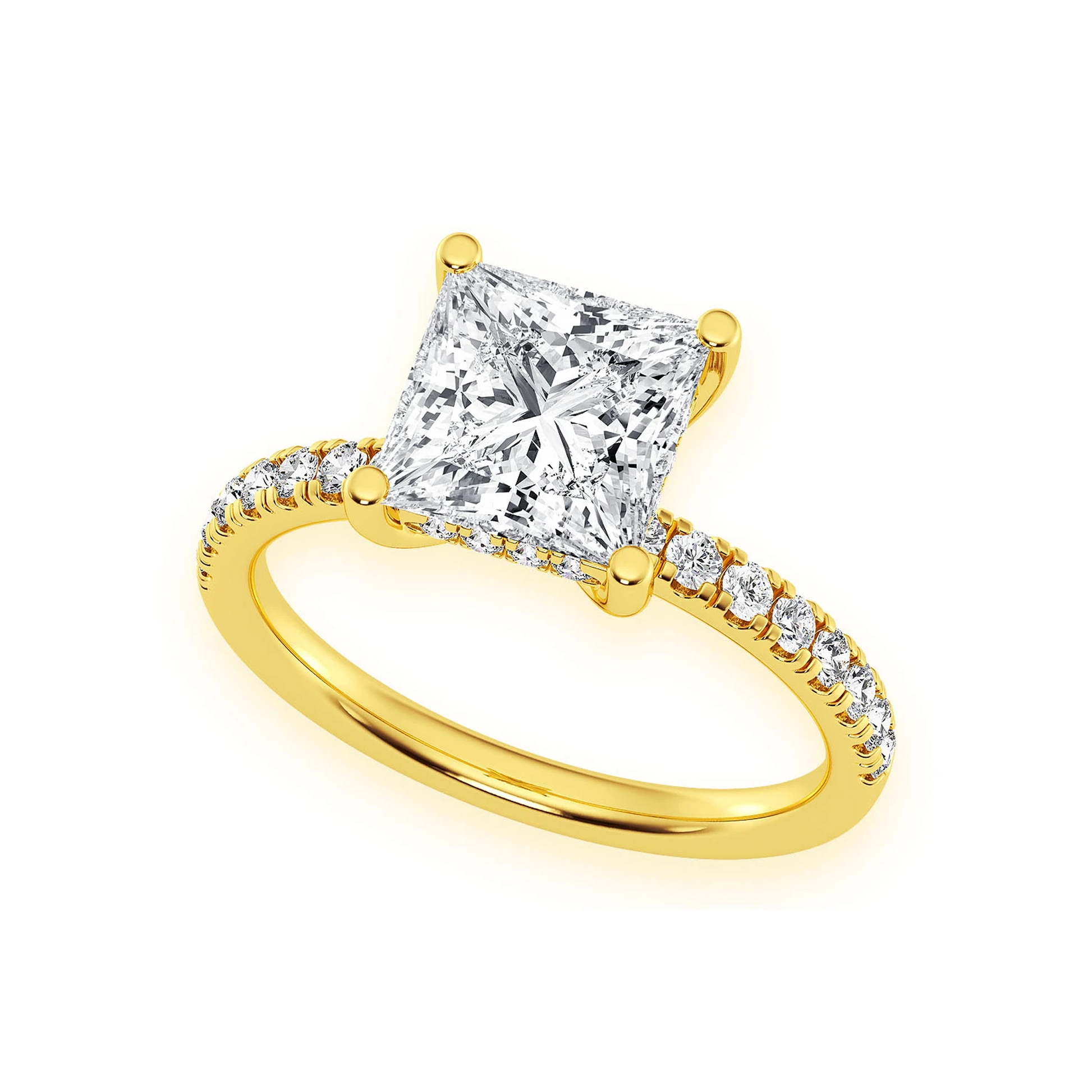 Princess Cut One Row Under Halo Ring in 14K yellow gold, angled view