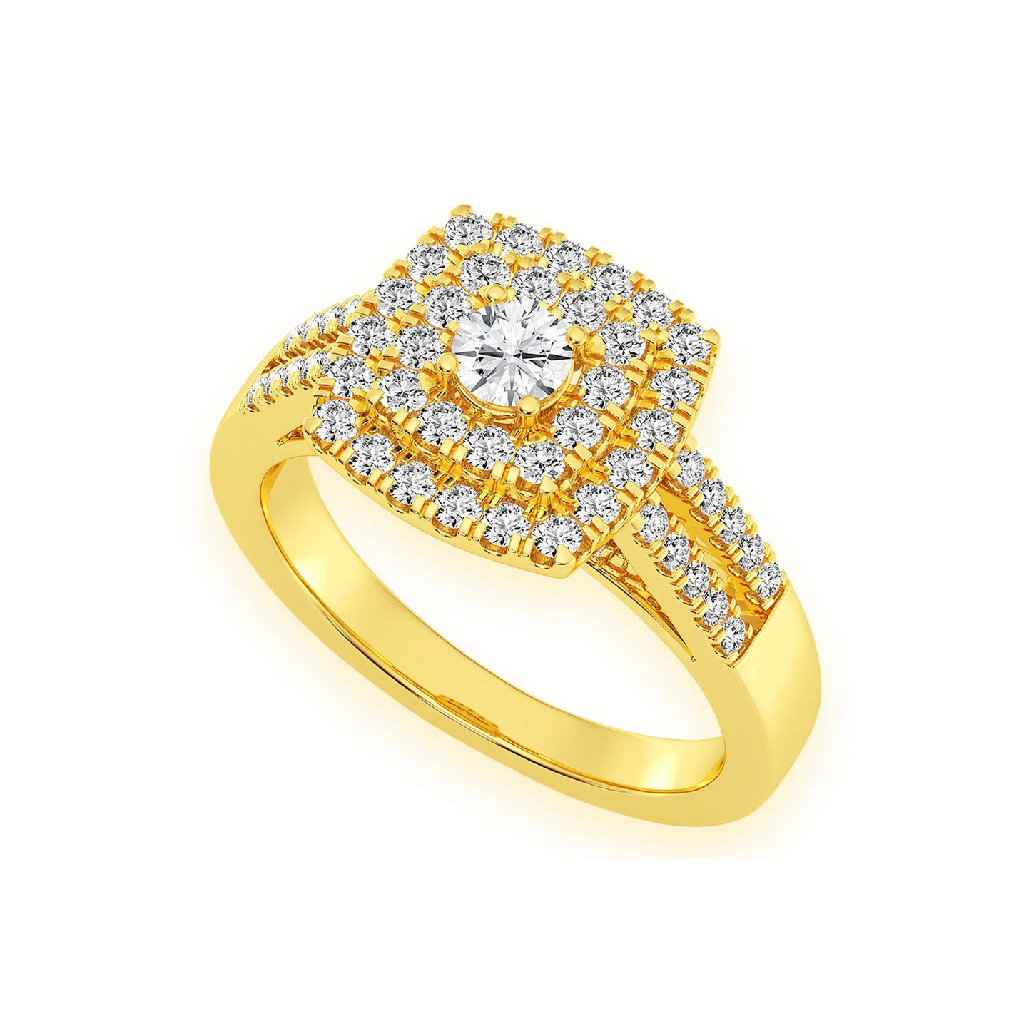 Princess Cut Double Halo Split Shank Ring in 14K yellow gold, angled view